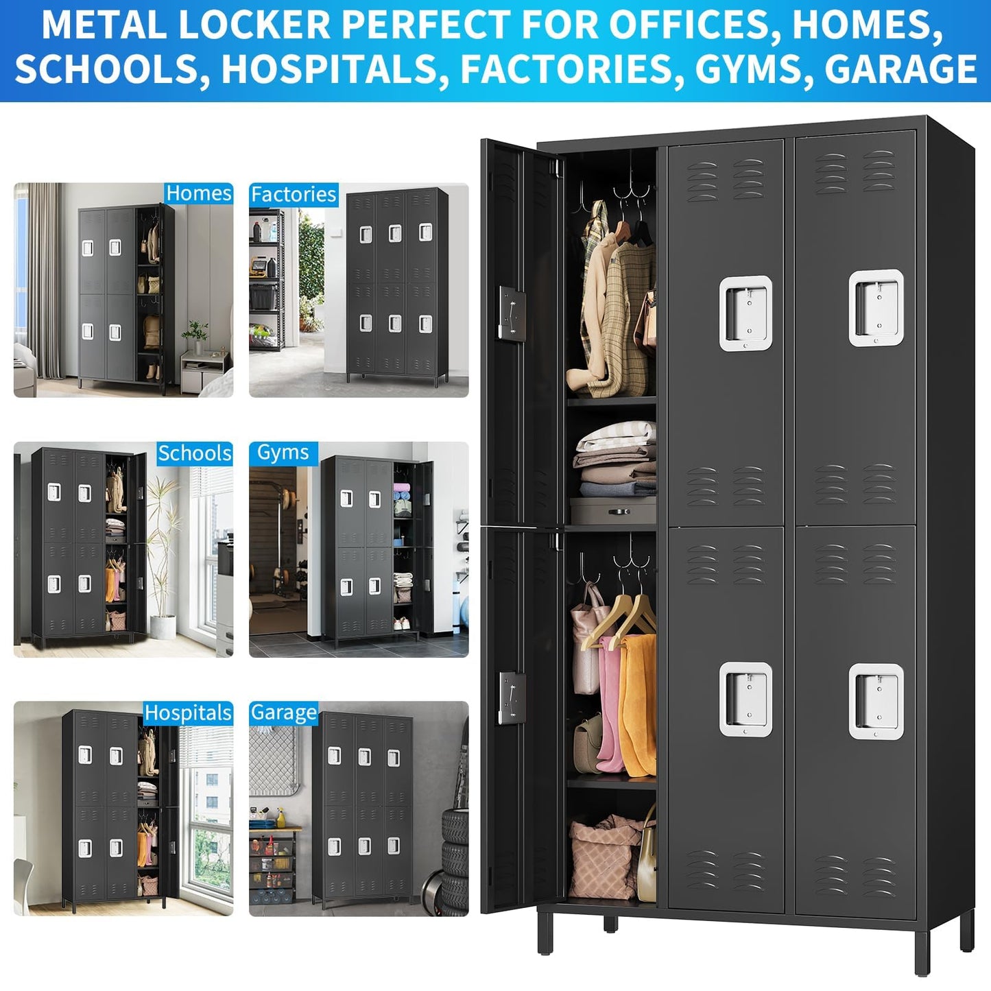 GarveeHome Metal Storage Locker with 6 Doors, Metal Locker for Employees with 18 Hooks for Garage School Office Gym Home, Assembly Required, Black