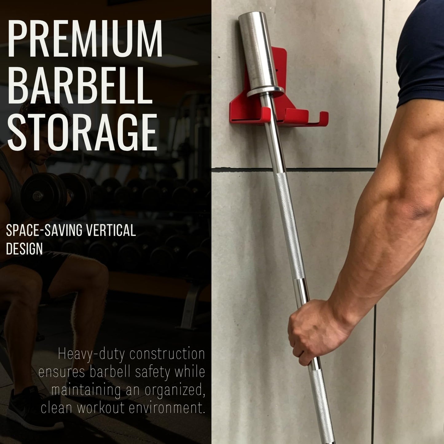 HIFLAME Double Barbell Storage Wall Mounted Storage Rack, Wall Barbell Rack, Olympic Wall Mount Barbell Holder,Vertical Hanging Barbell Rack.Suitable for Gym.Home Fitness. (Red)