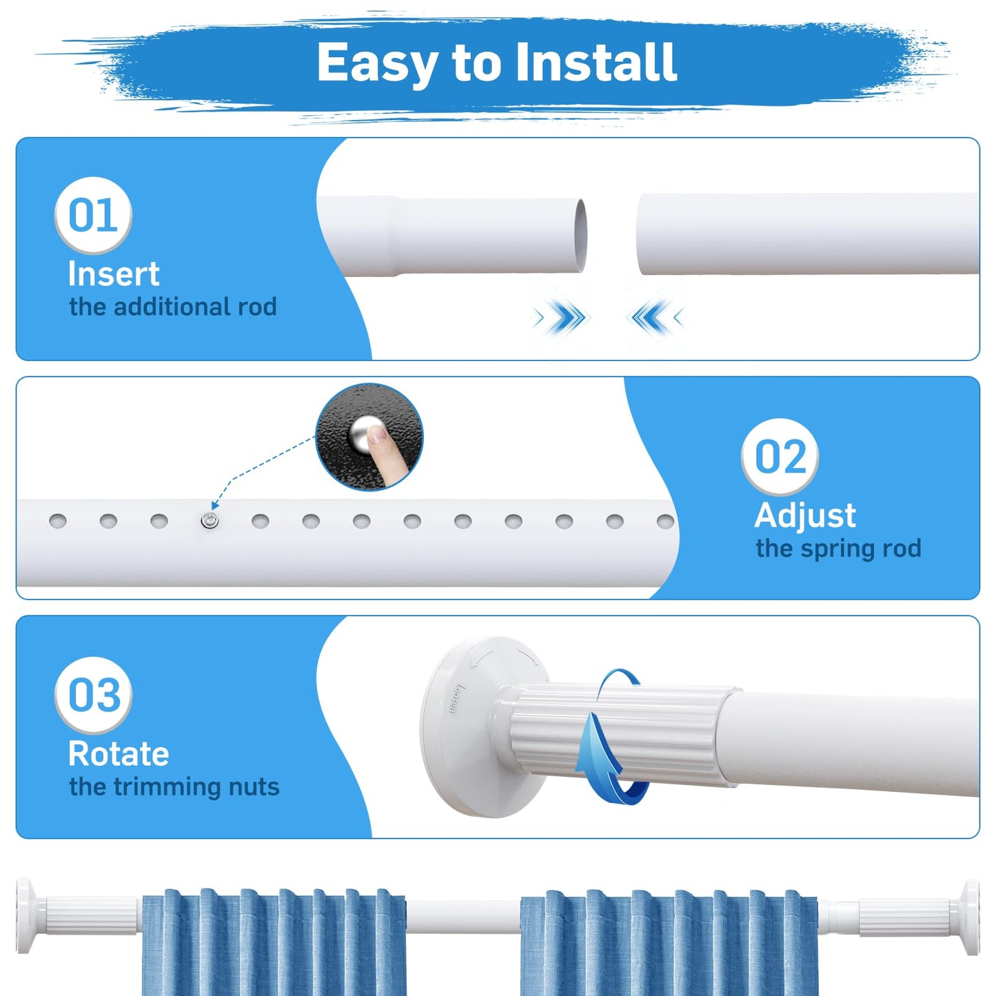 Tension Curtain Rod 51-166 Inch(4.25-13.83Ft), Extra Long Outdoor Tension Rod for Patio Window, No Drill Dual-End Adjustable Spring Shower Rod, Rust Proof Easy to Install, Rod Diameter 1.26In, White