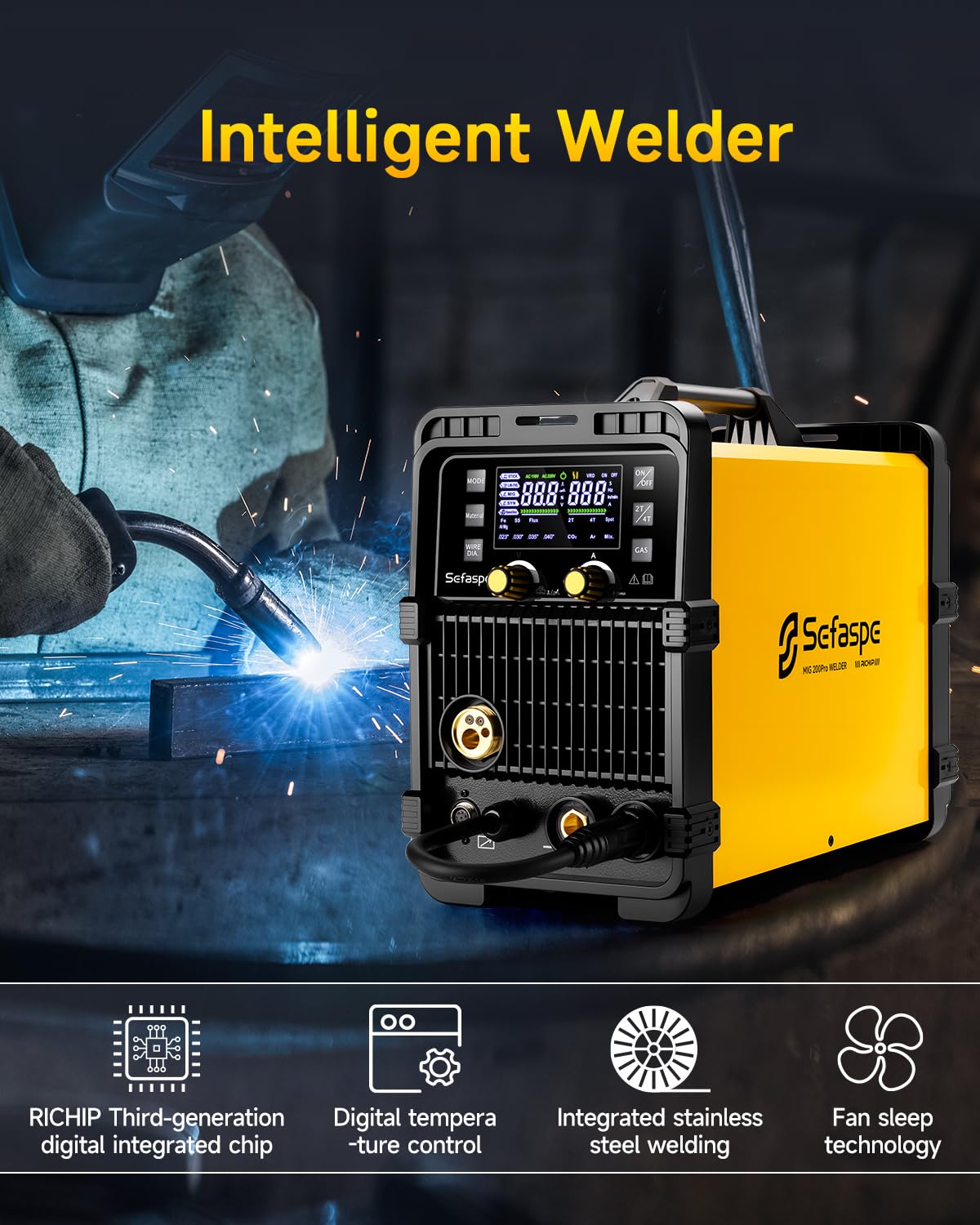 Sefaspe 200Amp MIG Welder, 2026 Newest [Large LED Display] 110/220V Welding Machine, 7 in 1 STICK/Lift-TIG/MIG/SYN/SpoolGun/Flux/Spot, Ideal for DIY and Metal Workshop