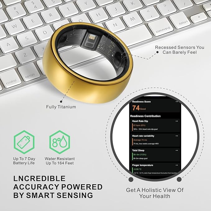 Smart Ring, Activity Trackers, Sleep Ring, Fitness Tracking, Stress Tracker, Heart Rate, Meditation, Temperature, Respiratory, No App Subscription, Women, Men, iOS, Android (Golden, 12)
