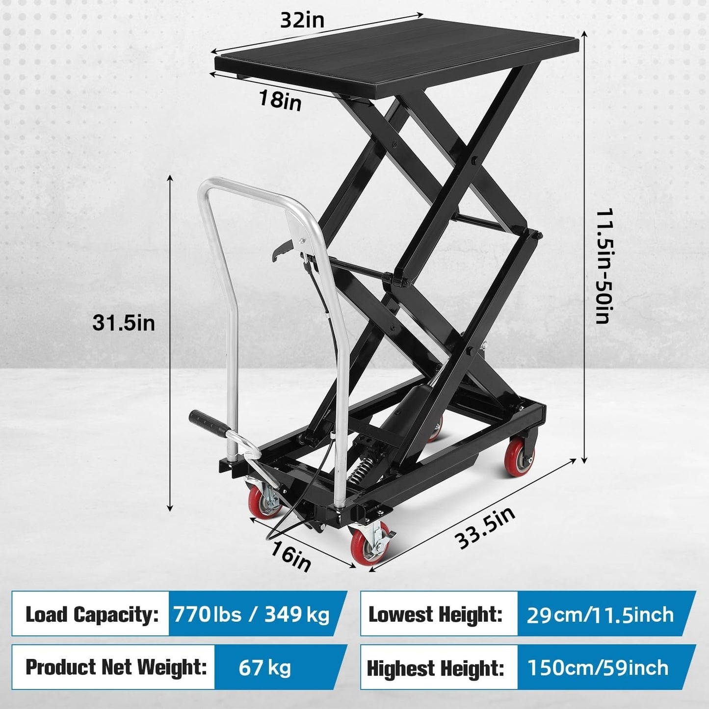 Hydraulic Lift Table Cart, 770lbs Capacity 50" Lifting Height Hydraulic Table Cart, Double Scissor Lift with Non-Slip Pad for Material Handling and Transportation, Black