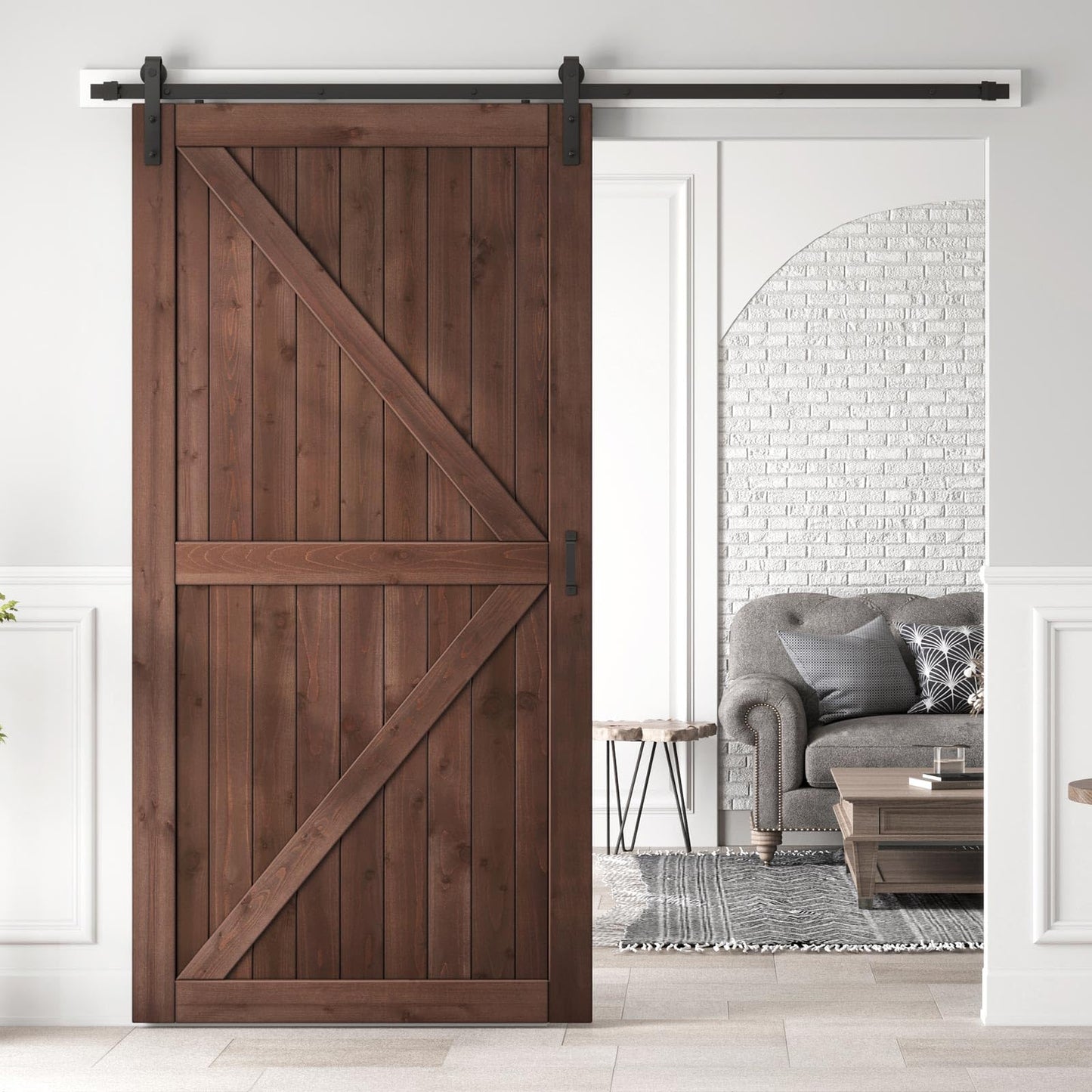 ROYMELO 48x96 inch Sliding Barn Wood Door Slab with 8ft Hardware Kit and Handle, Coffee, K Shape, Simple DIY Assembly