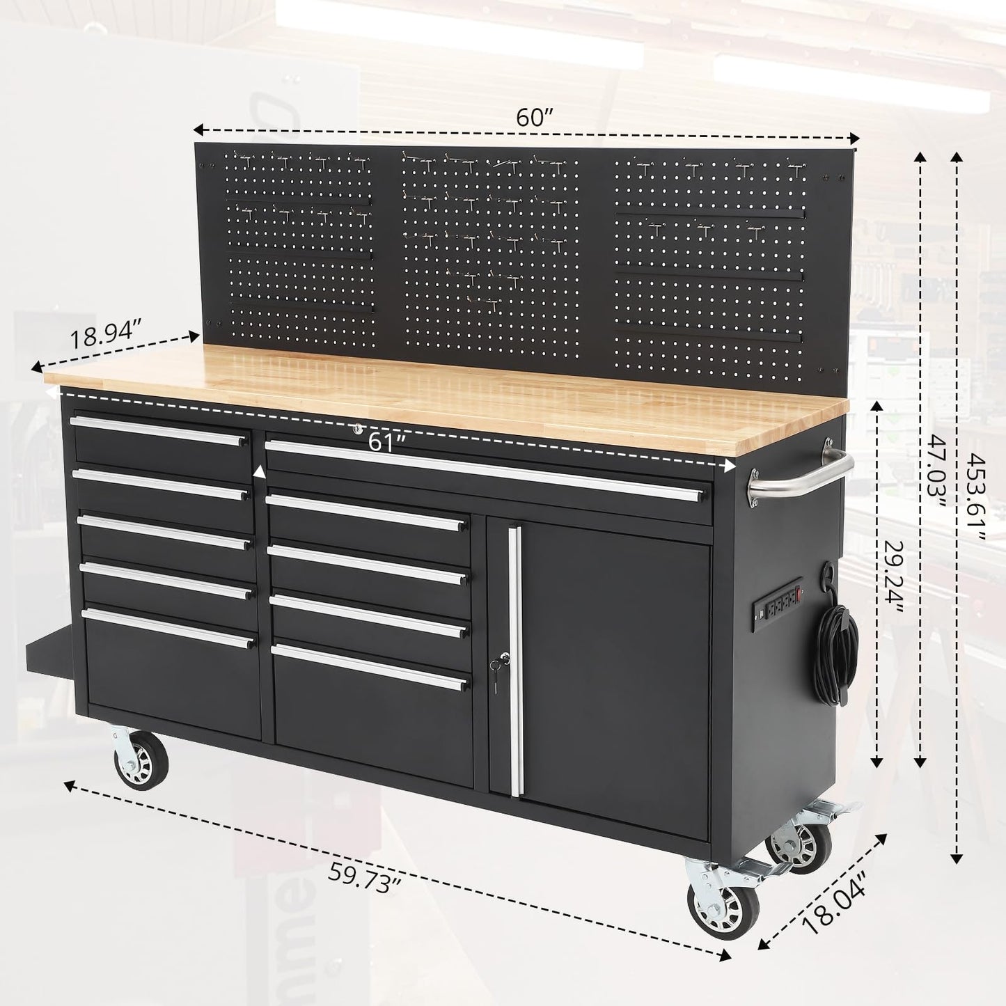 ActiveTrail 61" Tool Cabinet with Wheels, 10 Drawers Rolling Tool Chest, Heavy Duty Storage Workbench with Power Strip, Solid Rubber Wood Top, 1675 LBS Capacity, Mobile Tool Box for Garage, Shop