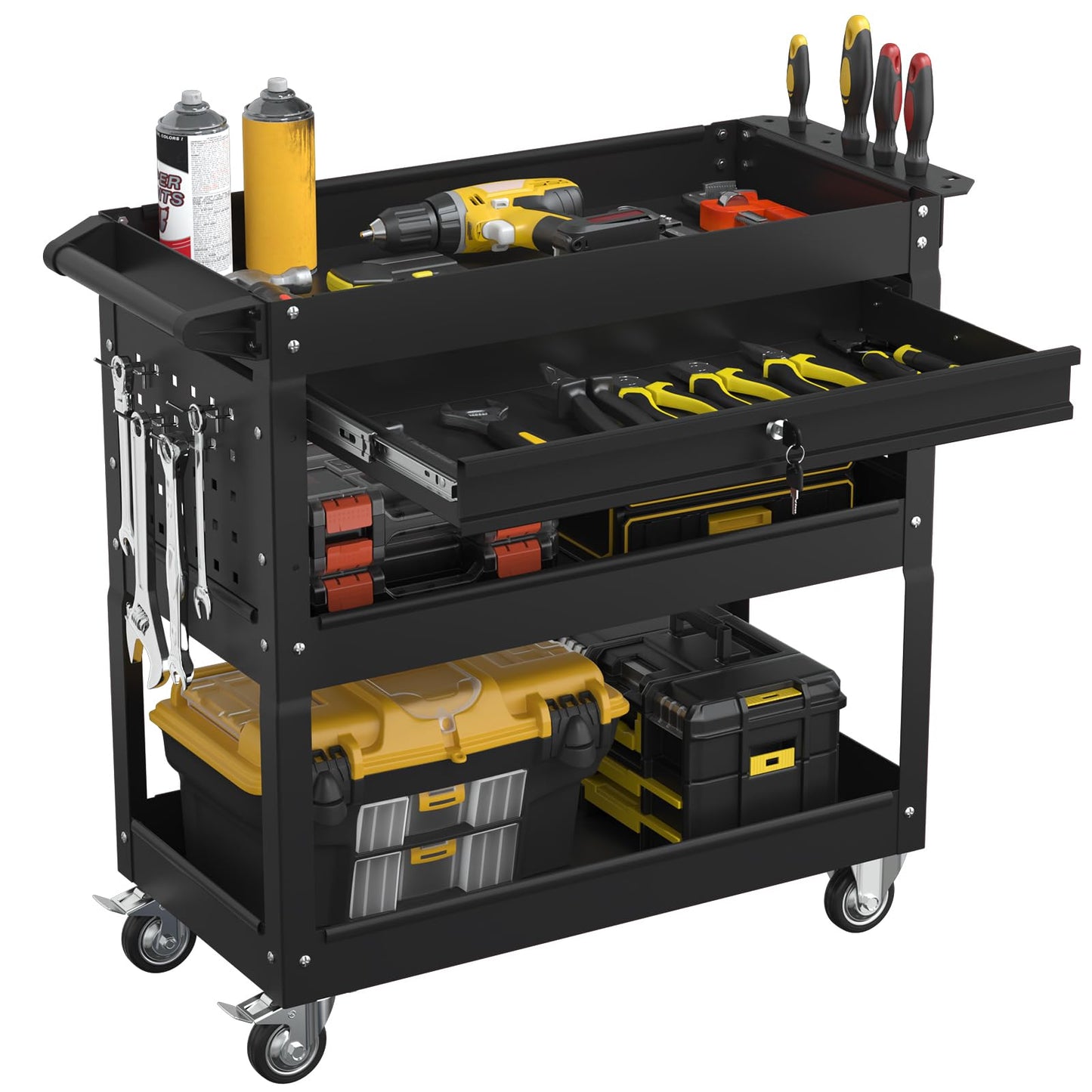 Granper 3 Tier Heavy Duty Rolling Tool Cart with Drawers, Large Storage Utility Cart on Wheels for Garage, Warehouse, Repair Shop (Black)