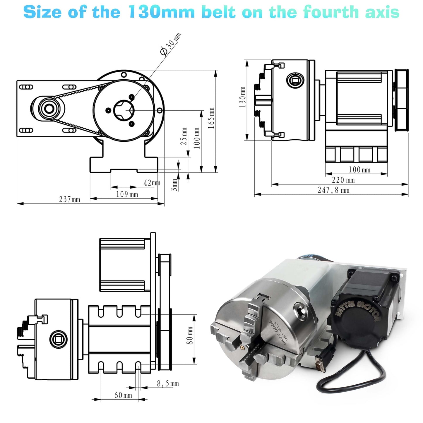 RATTMMOTOR K12-130mm CNC Router Table Rotary Milling Machine Rotational Axis A 4th Axis, 4 Jaw Chuck Dividing Head, 4.5N.m Closed Loop Servo Motor+2HSS86 Driver