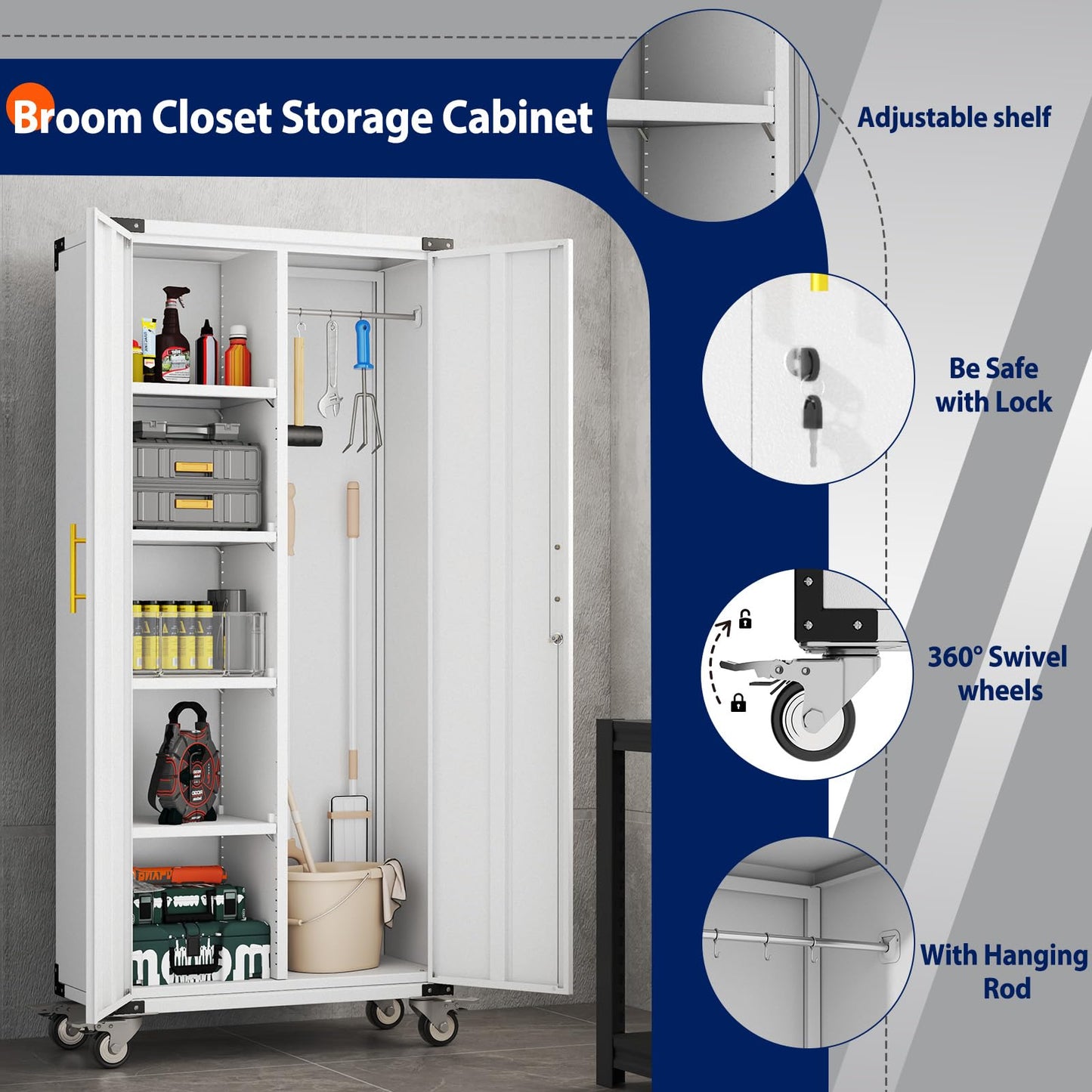 erosoei 71" Broom Storage Cabinet, Cleaning Tool Storage Cabinet, Garage Utility Storage with Hooks and Hanging Rods, Heavy Duty Garden Tool Organizer, for Home, Garage, Laundry Room, Gym, Workshop