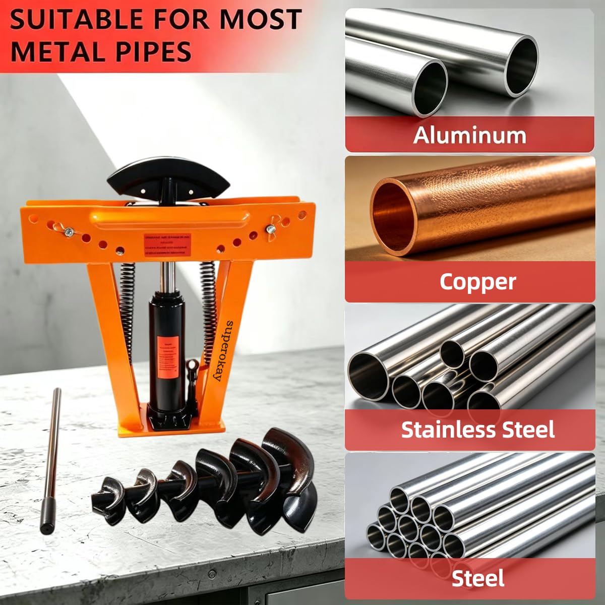 Hydraulic Pipe Bender 12 Ton, 90°-180° Tube Bender with 6 Dies (1/2"-2") | Heavy Duty Exhaust Pipe Bender for Steel Iron Metal | Professional Hydraulic Tubing Bender for Plumbing Construction