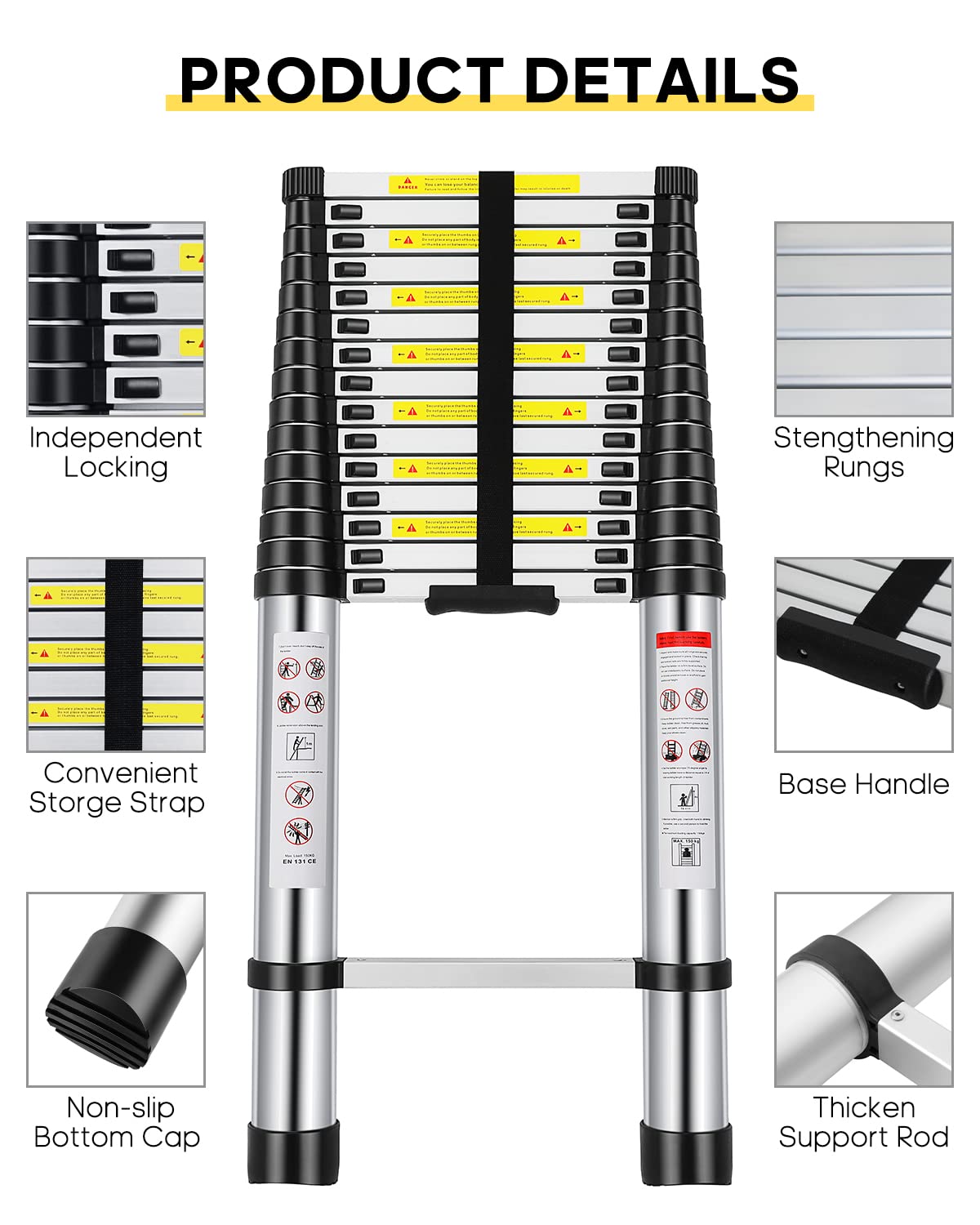 Telescoping Ladder 20.3 FT, Extension Aluminum Alloy Folding Telescopic Ladder with Locking Mechanism, Multi-Purpose Collapsible Ladder for Household Or RV Outdoor Work, Heavy Duty 330 lbs Load