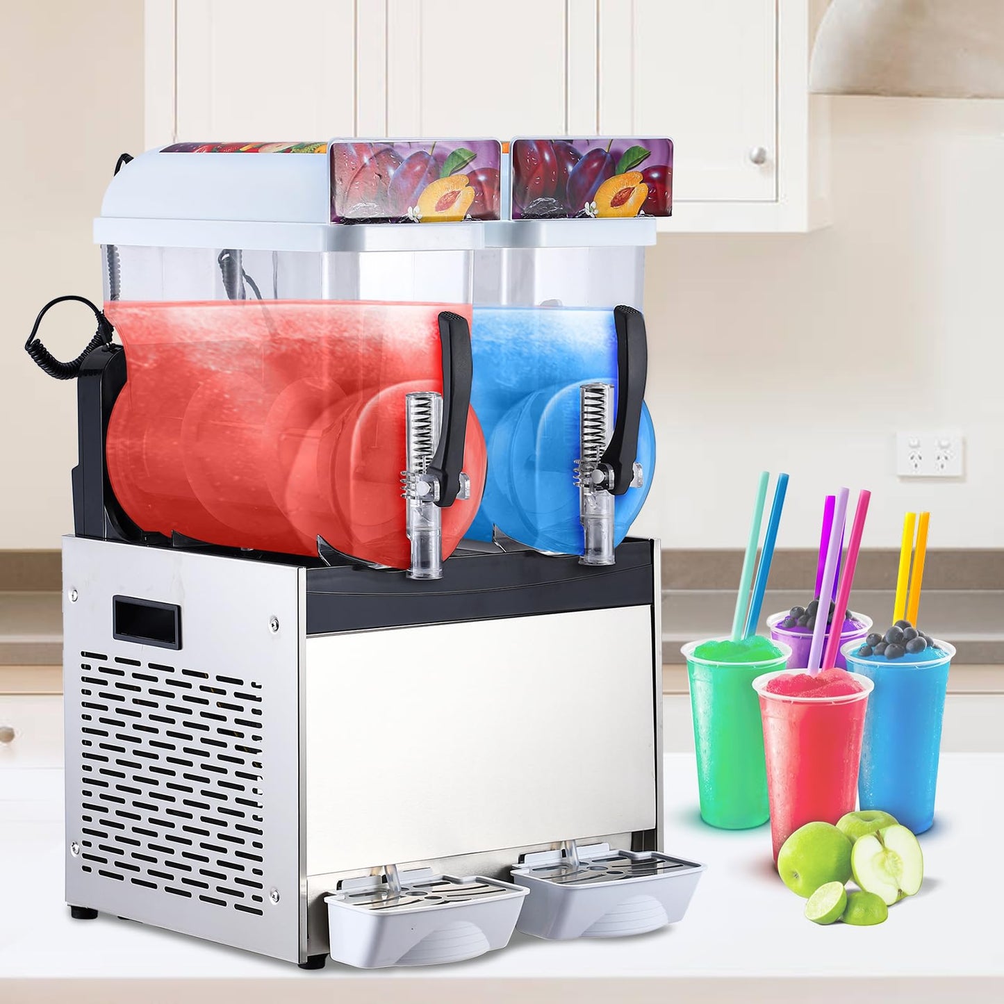 Commercial Slushy Machine, 15Lx2 Double Tank Margarita Machine, Stainless Steel High-Speed Self-Cleaning Frozen Drink Slushie Machine for Bars Restaurants Cafe Home Use