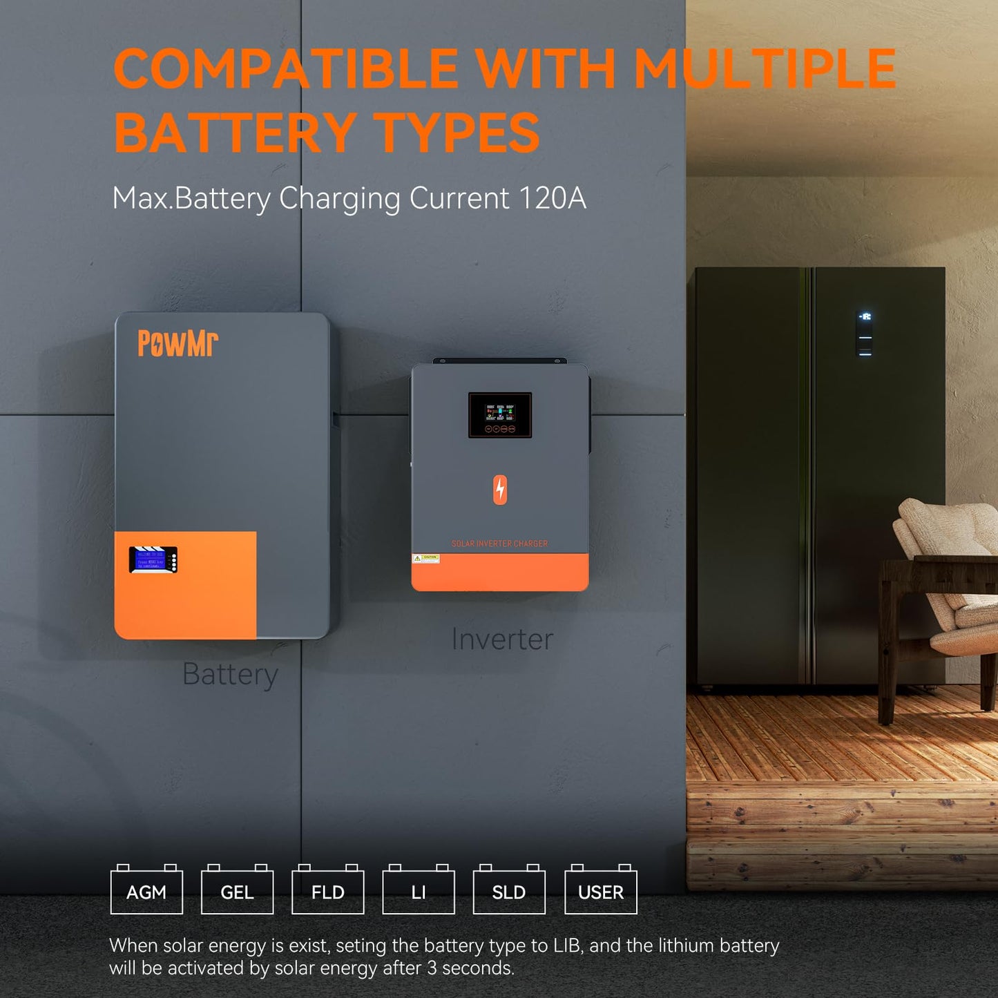 6200W Hybrid Solar Inverter, 48V to 220/240VAC, Off-Grid Solar Inverter w/ 120A MPPT Solar Charge Controller, Max PV Input Power 6500W, Max PV Array Voc 500Vdc, Work 48V Lead Acid & Lithium Battery