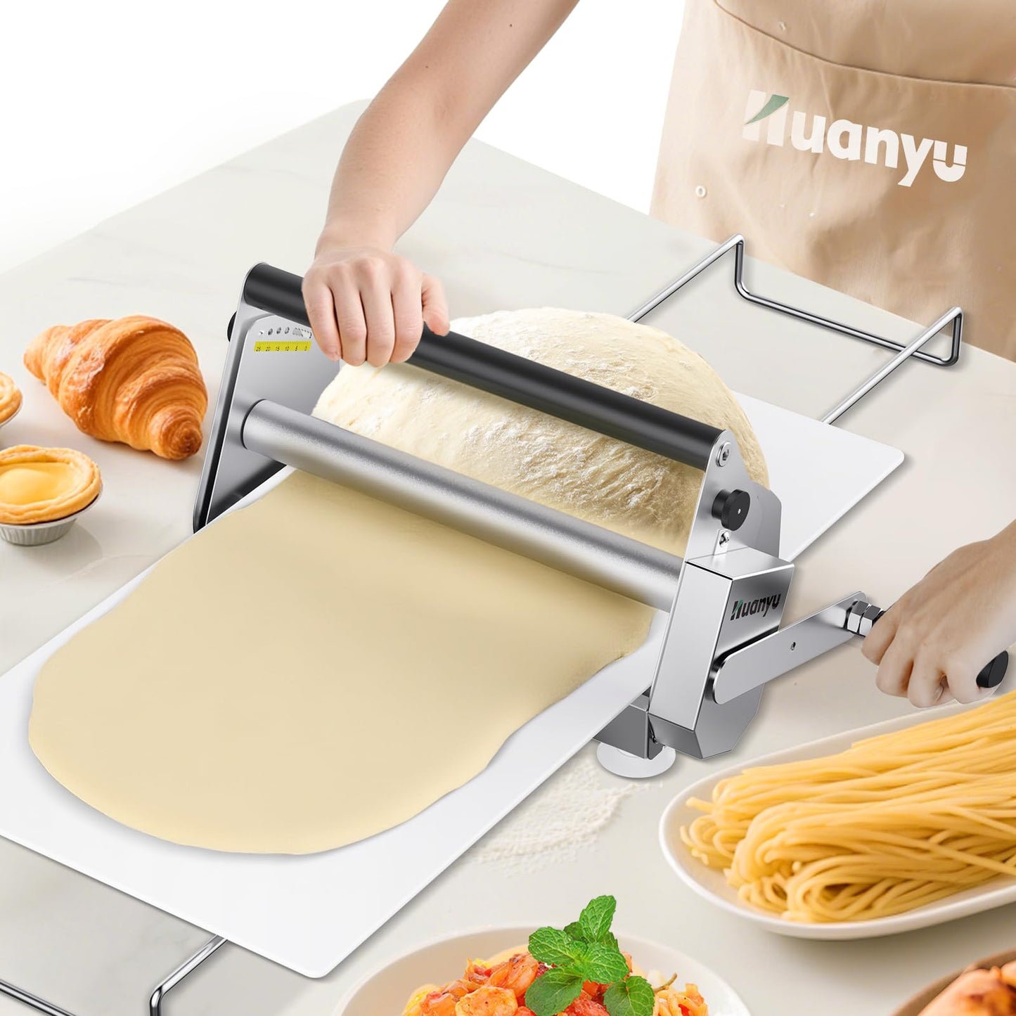 Huanyu Manual Dough Sheeter 12”, 10 Adjustable Thickness 0.1mm-17.5mm, Tool-Free Assembly, for Home Bakers & Small Bakeries, Croissant, Pizza, Pasta, Fondant