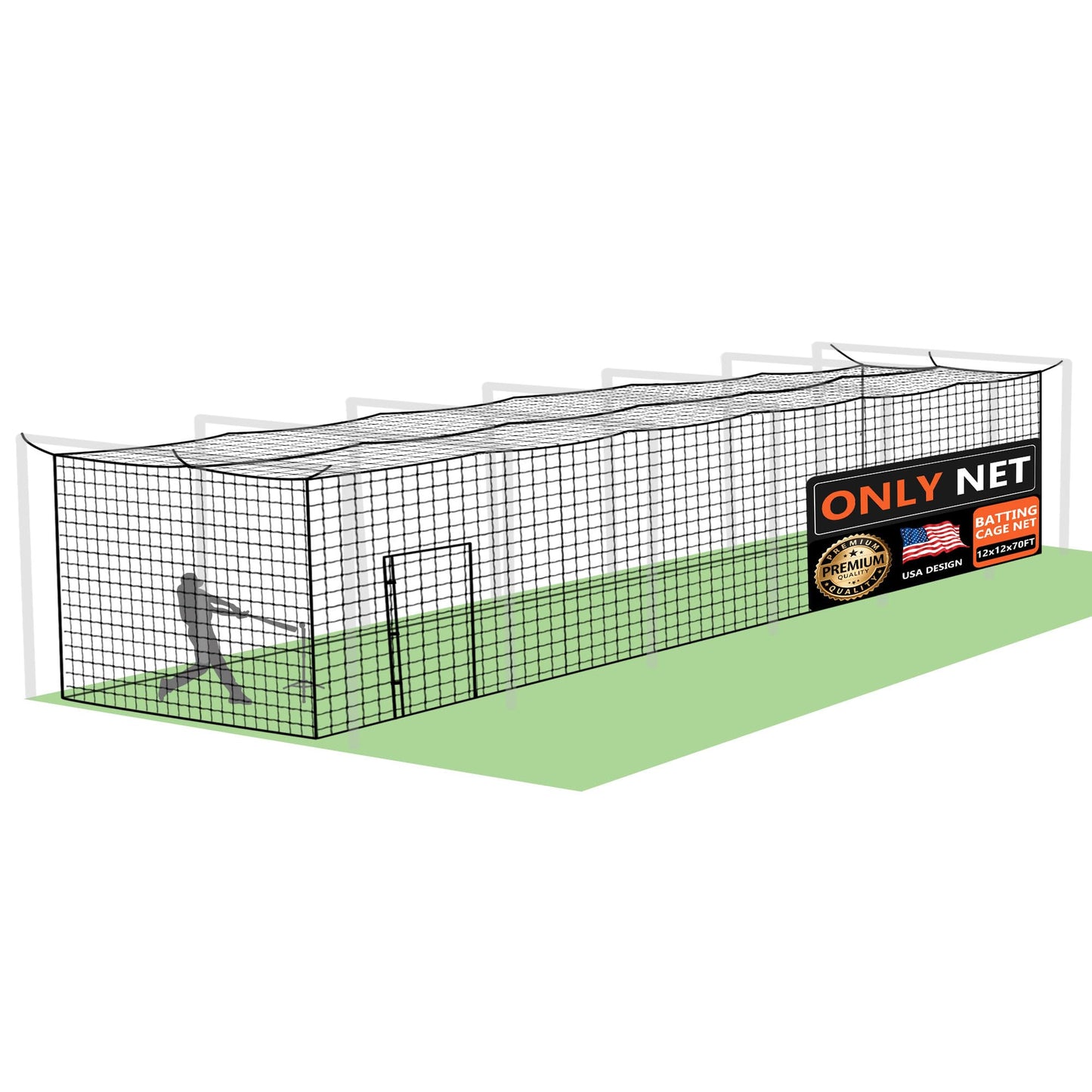 ORIENGEAR Baseball Batting Cage Nets, ONLY NET, 12'H x12'W x 70'L Baseball and Softball Cage Netting, 1.88" Mesh, Professional Fully Enclosed Heavy Duty PE Hitting Cage Net with Door, Without Poles