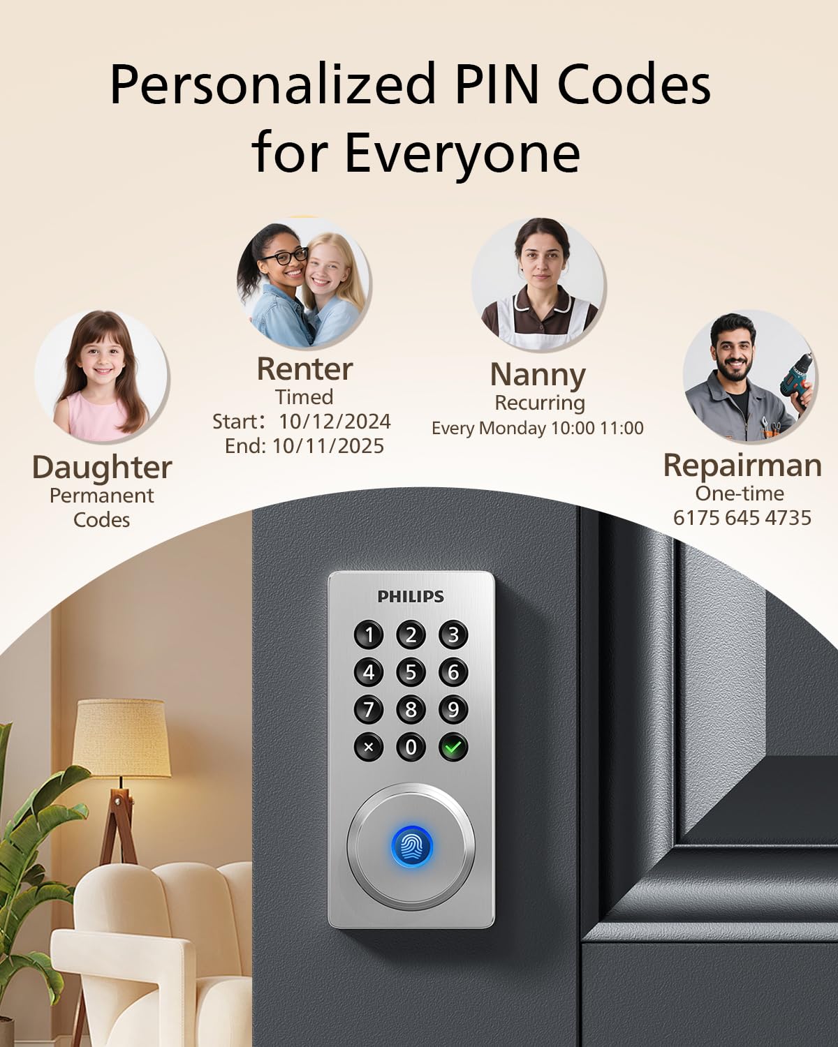 Philips Wi-Fi Door Lock, WiFi Smart Lock Keyless Entry Deadbolt for Front Door, Remote Control, Built-in WiFi, APP Fingerprint Passcode Unlock, Auto Locking