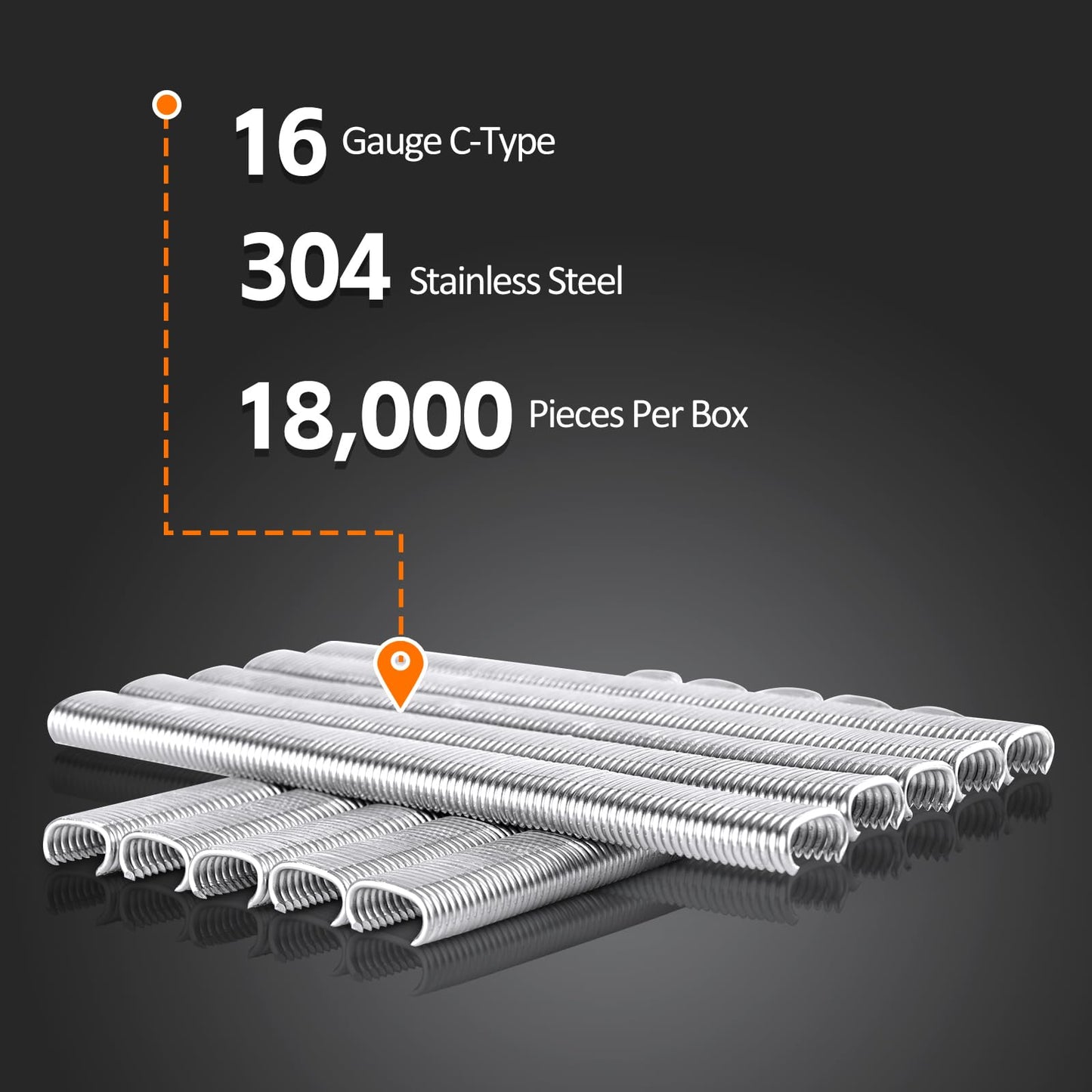Kamsin 16 Gauge 304 Stainless Steel C-Type Hog Ring Staples, 18,000 PCS, 1/2" (12.5mm) Inner Crown, 5/8" (16.9mm) Outside Crown for Pneumatic Hog Ring Gun in Cages Building or Fastening