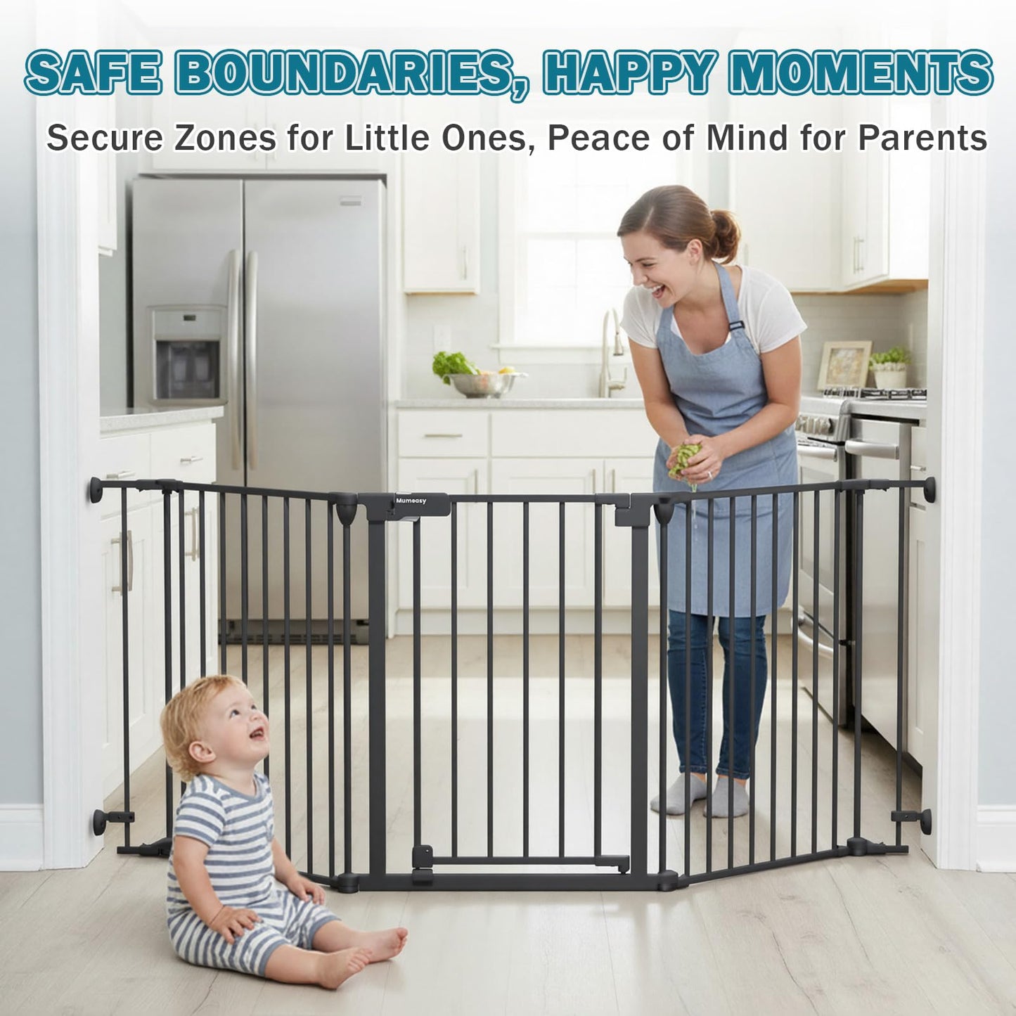 Mumeasy 80" Extra Wide Baby Gate for Doorways, Stairs & Fireplace, Auto Close Dog & Pet Gate with Walk Thru Door, 3 Metal Panels, Hardware Mounted Child Safety Fence for House, Indoor/Outdoor, Black
