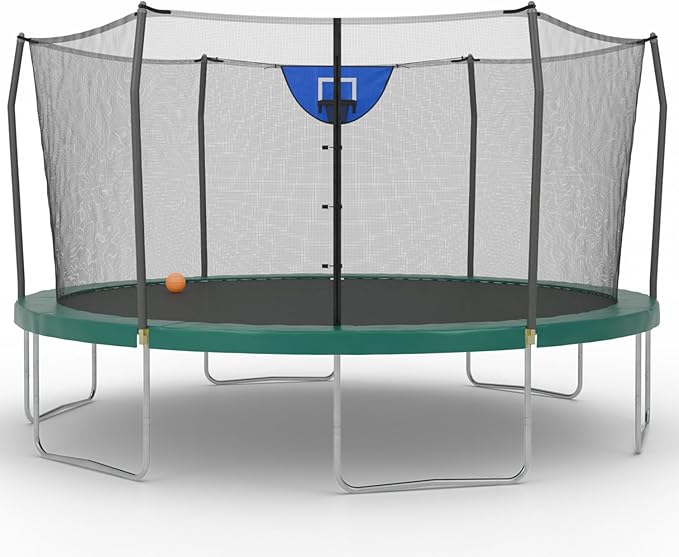 Skywalker Trampoline Outdoor 8 FT, 12 FT, 15 FT Jump N’ Dunk Round Outdoor Trampoline with Net, Trampoline Mat, and Basketball Hoop for Trampoline