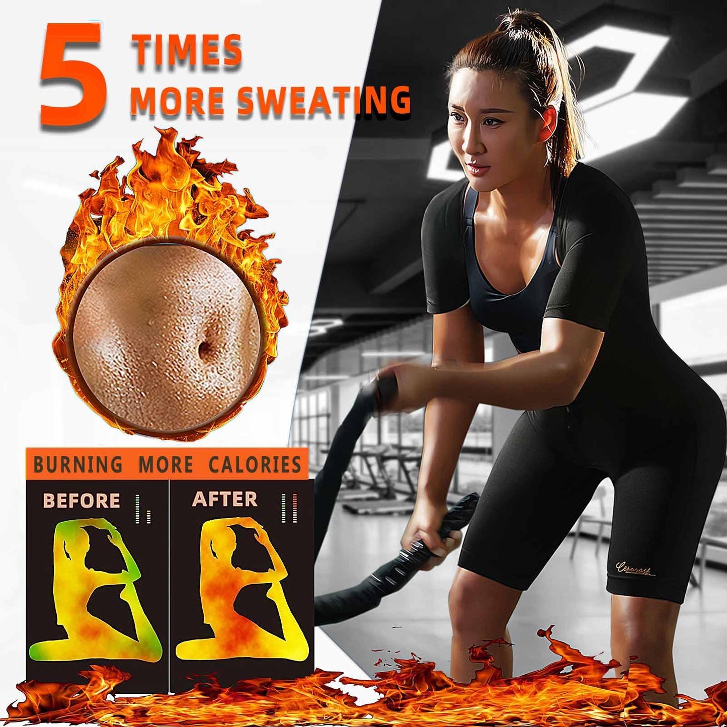 CEPORASK Sauna Suit For Women Weight Loss Full Body Workout Sweat Vest Waist Trainer Suana Suite Shirt Gym Slimming Shapewear (L)