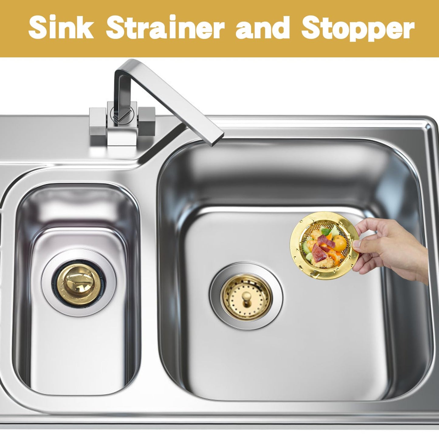 RQYEKDO 3-Pack Kitchen Sink Drain Strainer Stopper Set, Universal Anti-Clogging Stainless Steel Garbage Disposal Plug with Handle, Perforated Basket Filter Sieve for Standard 3.5" Drains (Gold)