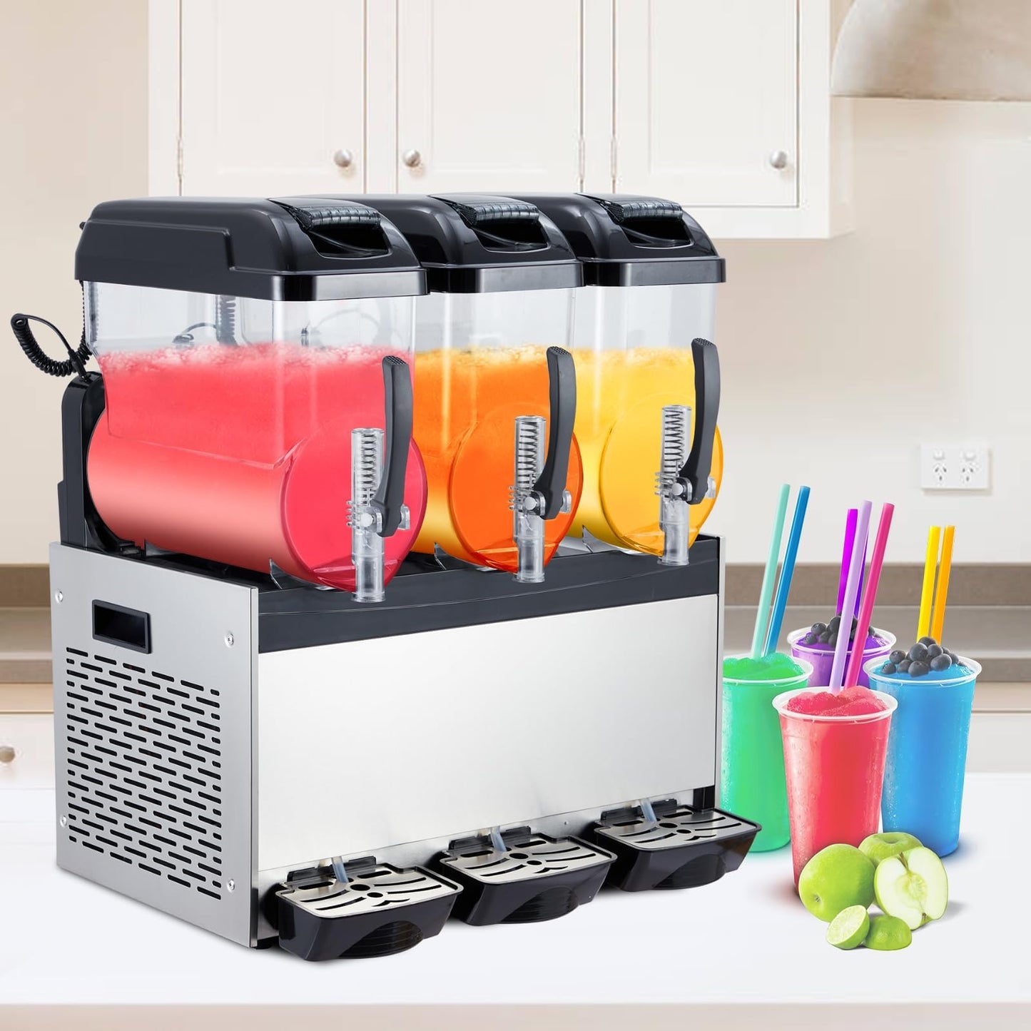 PeacefulHues Commercial Slushy Machine Frozen Drink Machine, Three Tank 12l 860w Stainless Steel, Margarita Wine Slush Smoothies Maker for Restaurant Bar Party