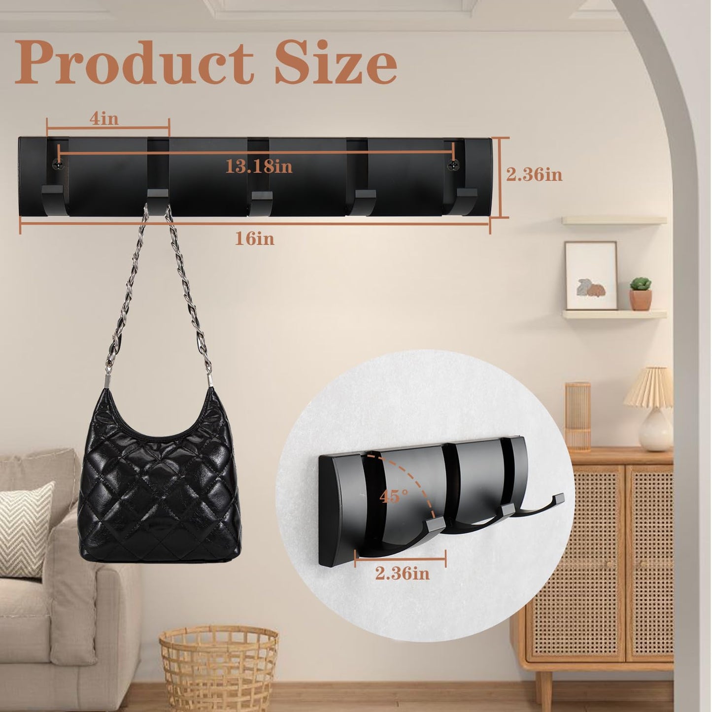 Vanloory Folding Coat Hooks, Wall Mounted Coat Rack with 5 Retractable Hooks, Heavy Duty Towel Rack for Bathroom Wall Hook for Hanging Clothes Bathrobe, Stainless Steel Coat Hanger for Entryway(Black)