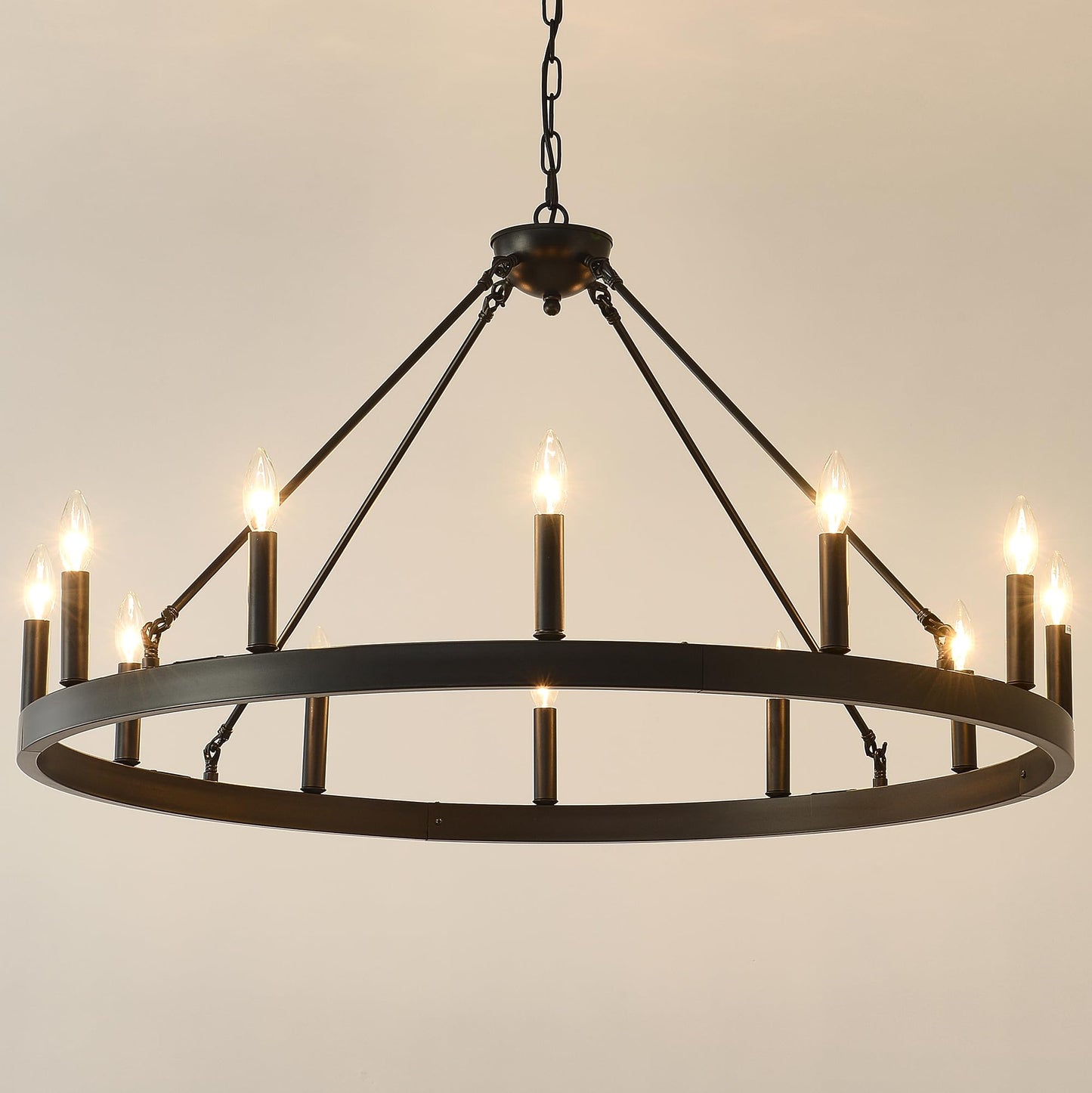 Viksroeo 40 Inch Black Wagon Wheel Chandelier, 12-Lights Farmhouse Industrial Round High Ceiling Pendant Light Adjustable Chain for Outdoor Porch,Foyer,Dining Room, Living Room