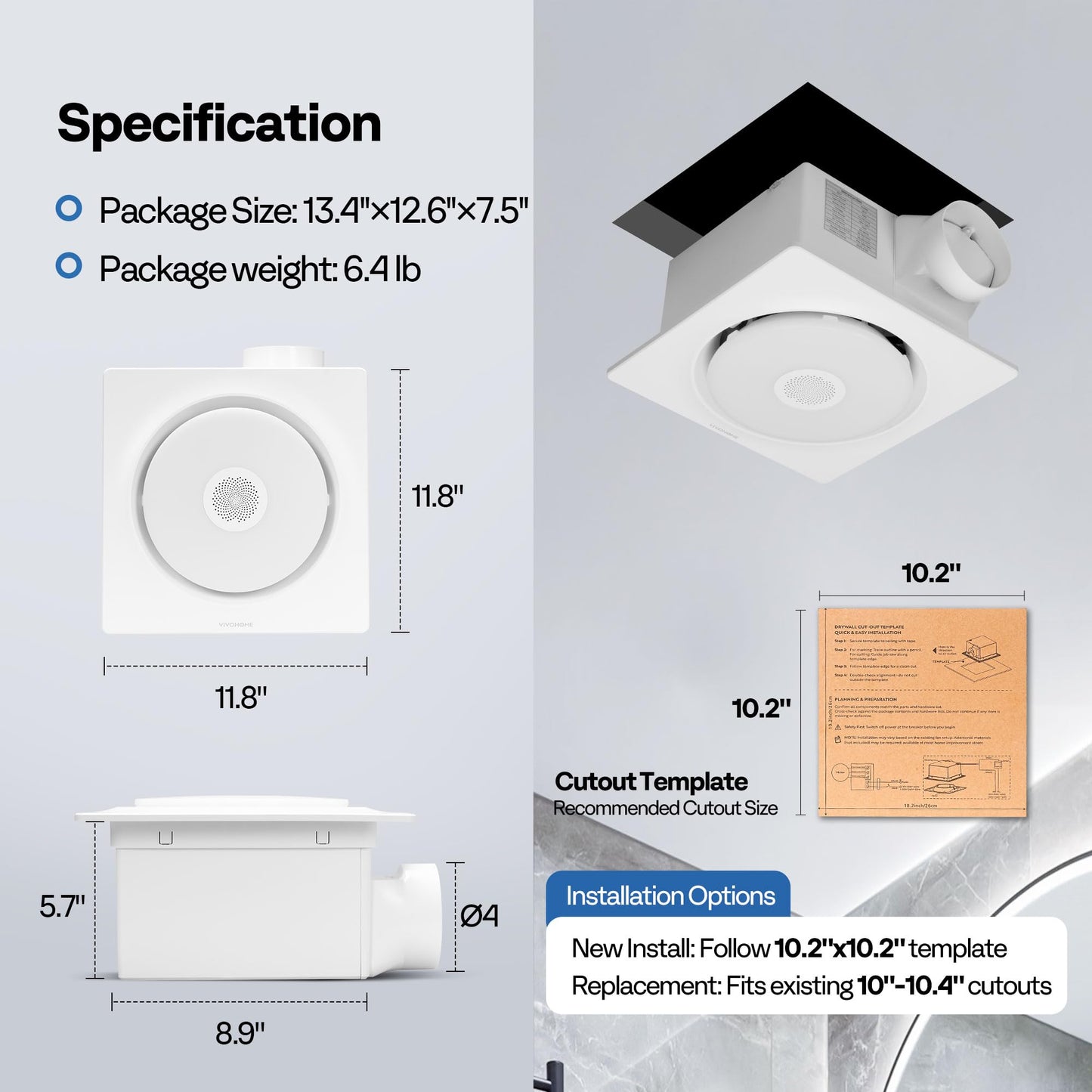 VIVOHOME Bathroom Exhaust Fan with RGB Light & Humidity Sensor (160-110-50CFM) & Bluetooth Speaker - 2700K/4000K/5700K LED Light, EC Motor Retrofit Bath Fan, No Attic Access Needed