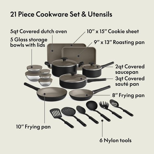 Bella 21-Piece Kitchen Set - EverGood™ Ceramic Nonstick Coating, Dishwasher & Oven Safe, Black