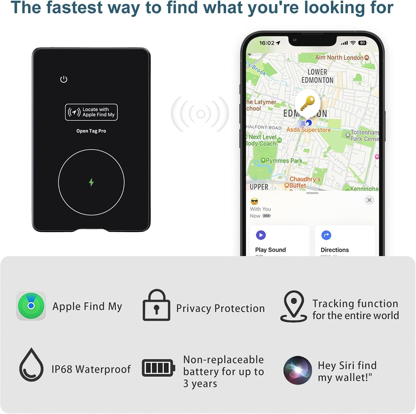 Fcuko 3.5mm Smart GPS Location Card Holder, Ultra-Thin Aluminum Alloy Card Case, Black & Silver, Anti-Lost ID Card