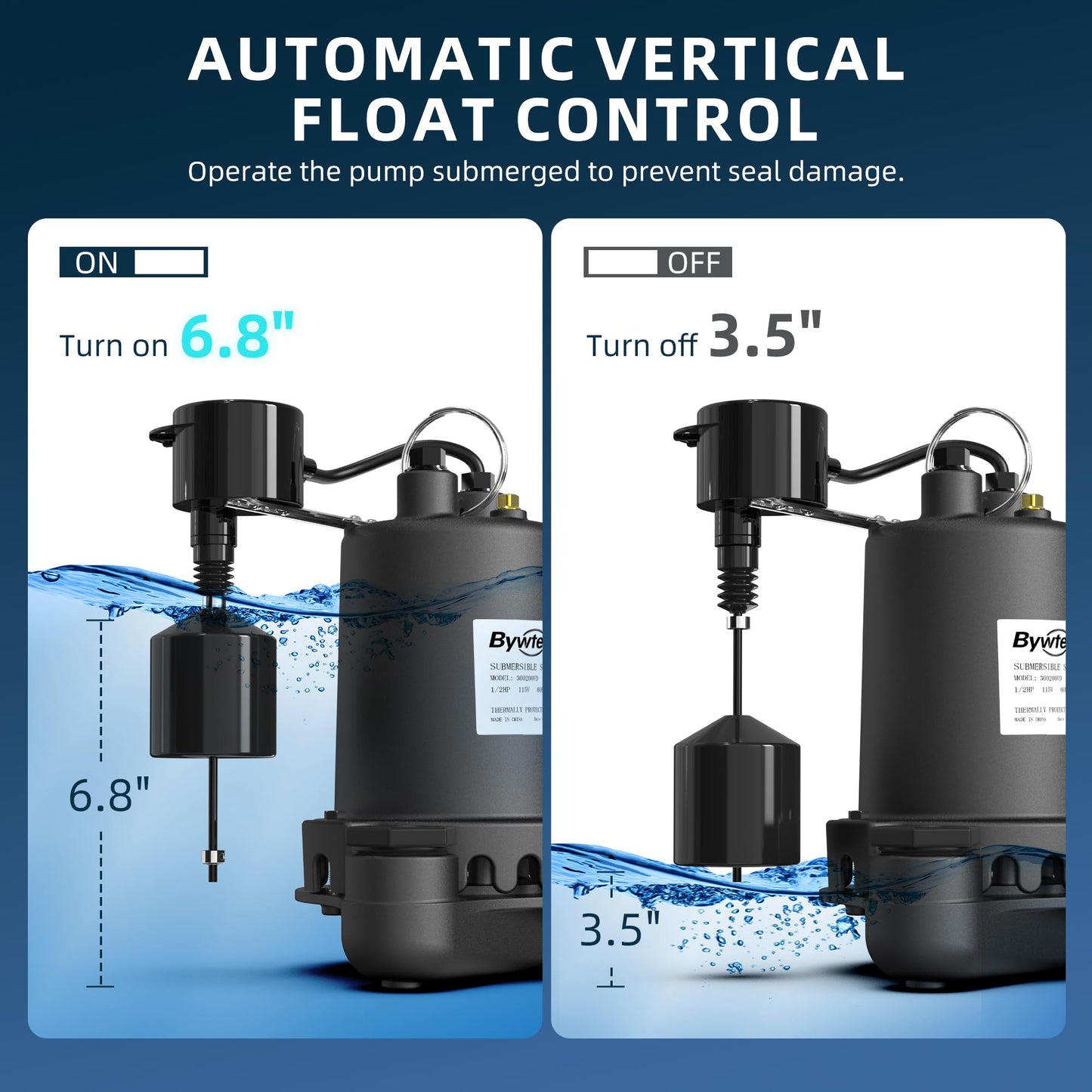 BYWTER 1/2 HP Sump Pump, 4600 GPH High Flow, 22 FT Lift, 115V Cast Iron Sewage Pump with Built-in Vertical Float Switch, Heavy Duty Sewage/Effluent Pump for Basement, 10 FT Power Cord