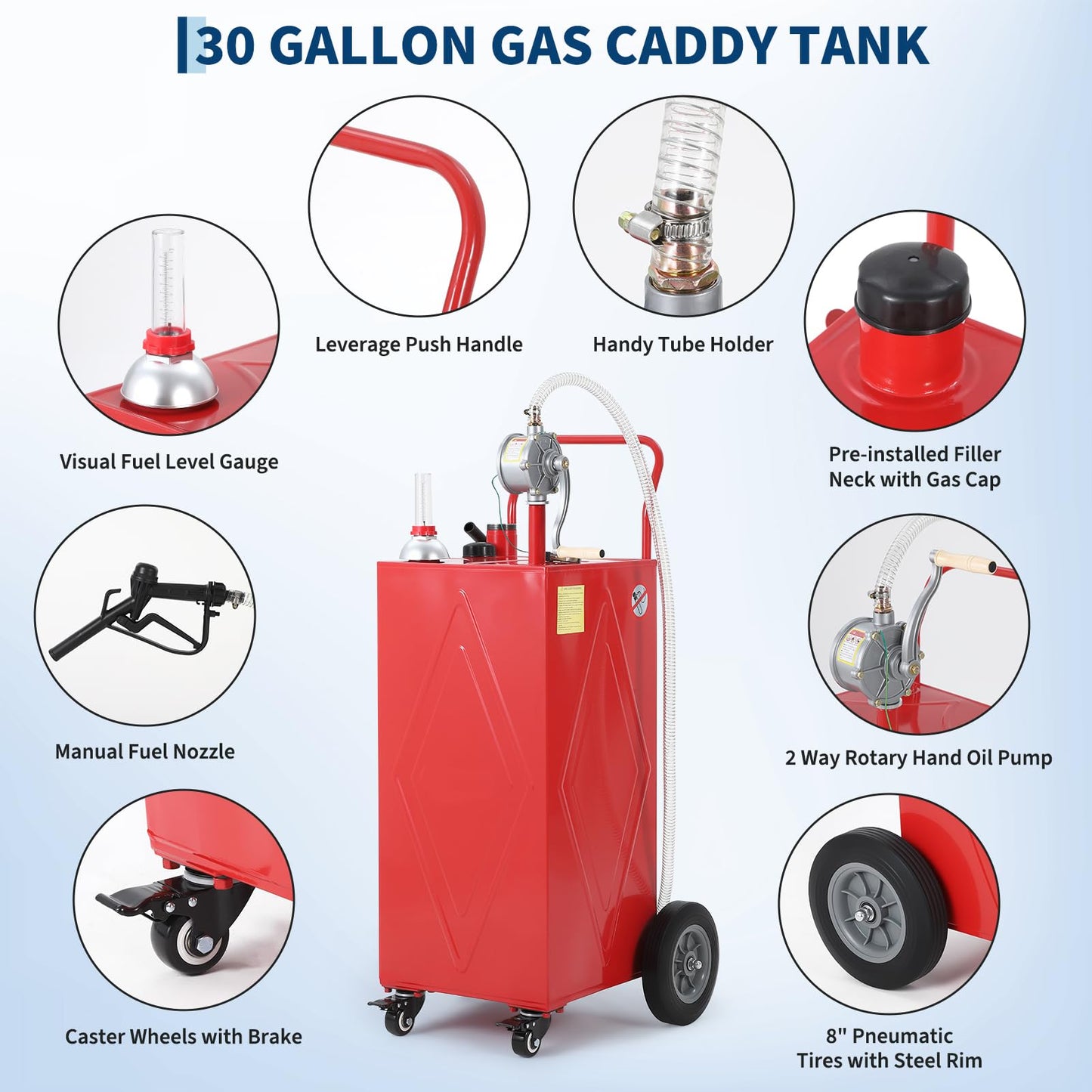 30 Gallon Portable Fuel Caddy with Manual Pump, Heavy Duty Mobile Fuel Transfer Tank On 4 Wheels, Gasoline & Diesel Storage Container for Trucks, Boats, ATVs, Lawn Mowers, Farm Equipment - Red