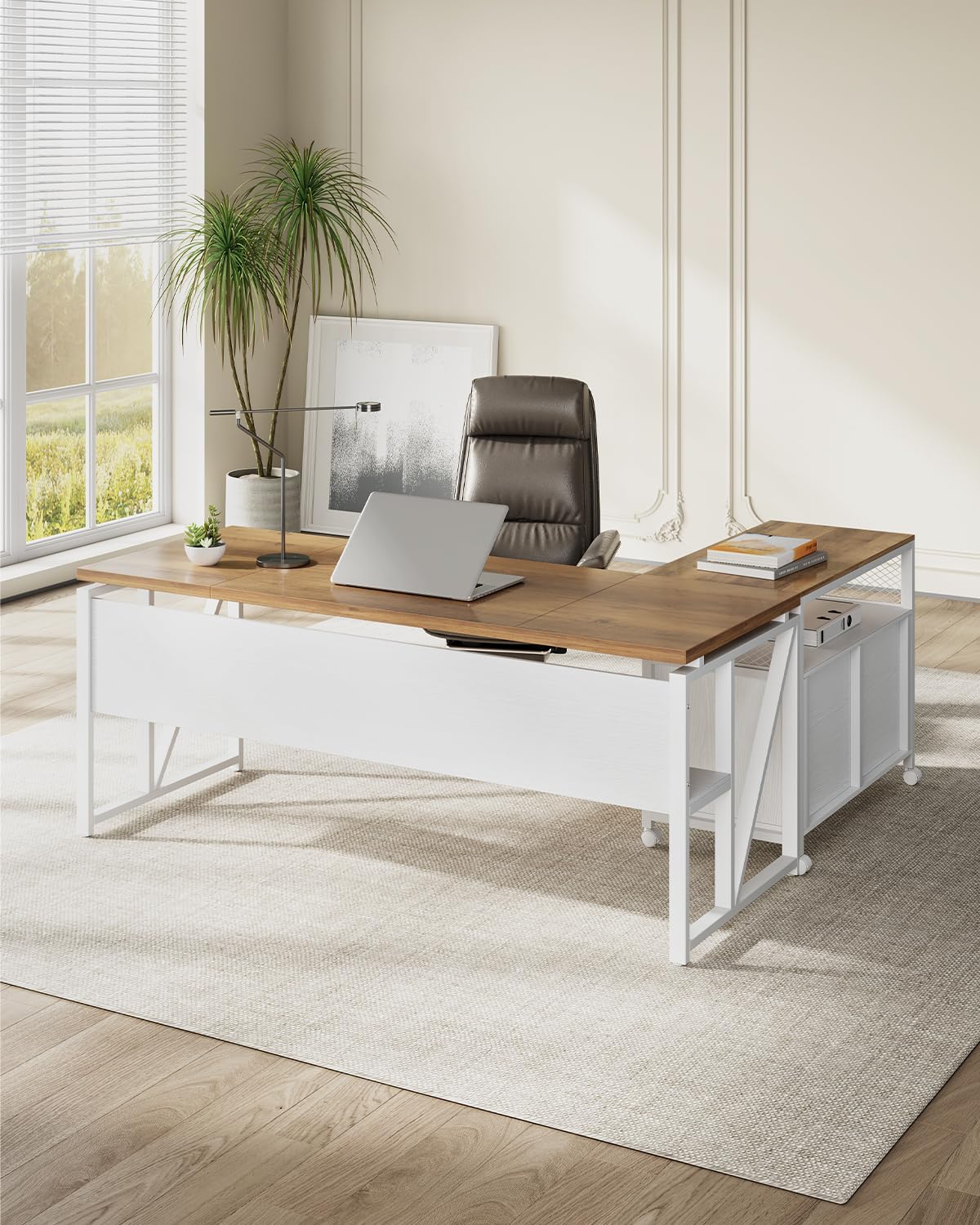 LITTLE TREE 63" L Shaped Executive Computer Desk and Drawer lateral File Cabinet, Walnut