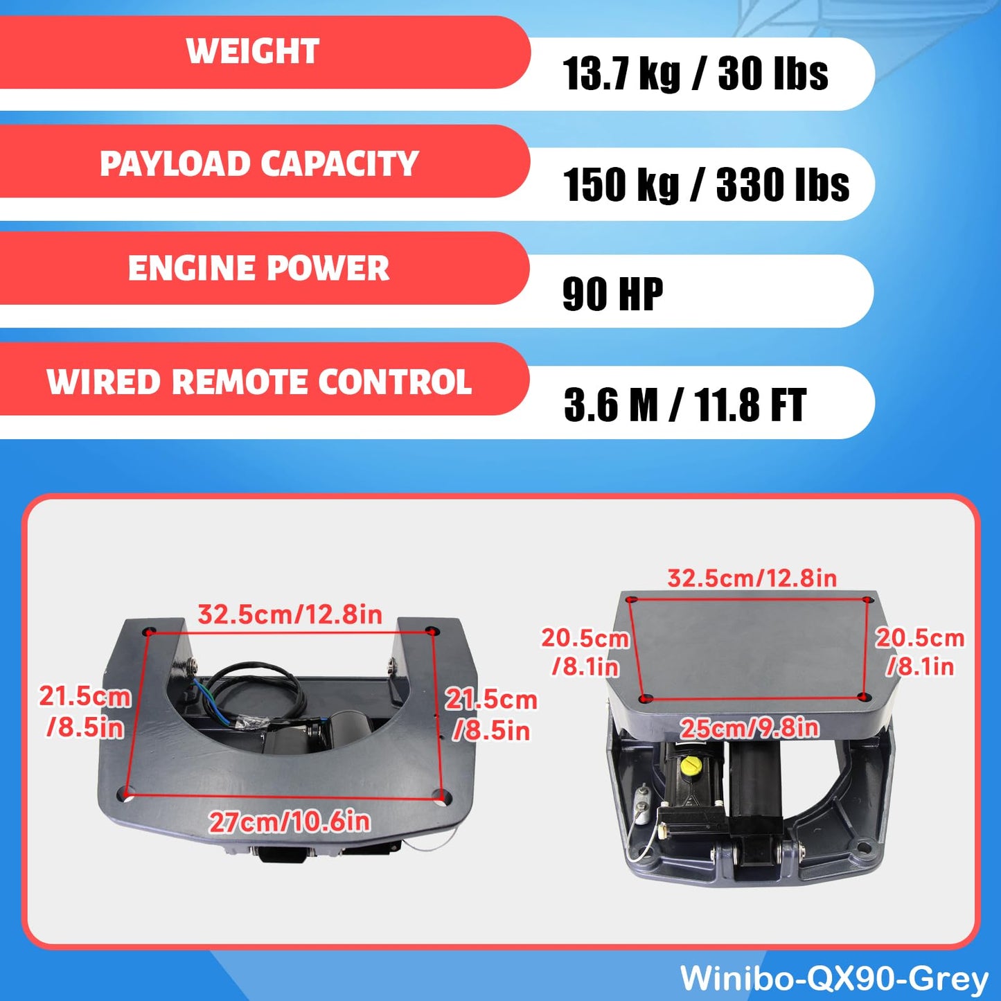 Winibo Outboard Power Tilt and Trim Unit, Electric Hydraulic Suspension, Motor Lift Jack Plate for Outboard Motor Up to 90HP (Gray)
