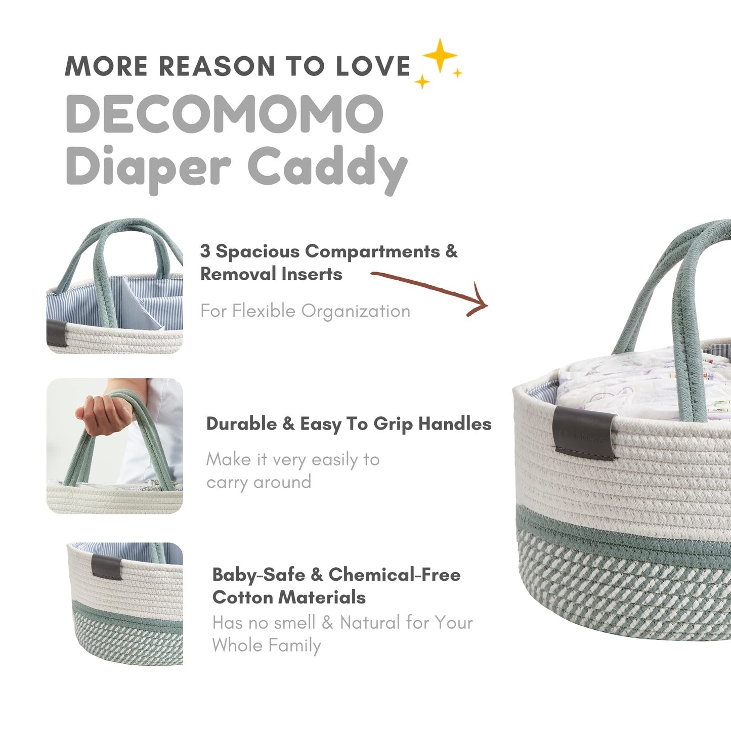 DECOMOMO XL Baby Caddy Organizer, Diaper Caddy Basket, Baskets for Baby Shower Gifts (Sage Green & White, Extra Large)