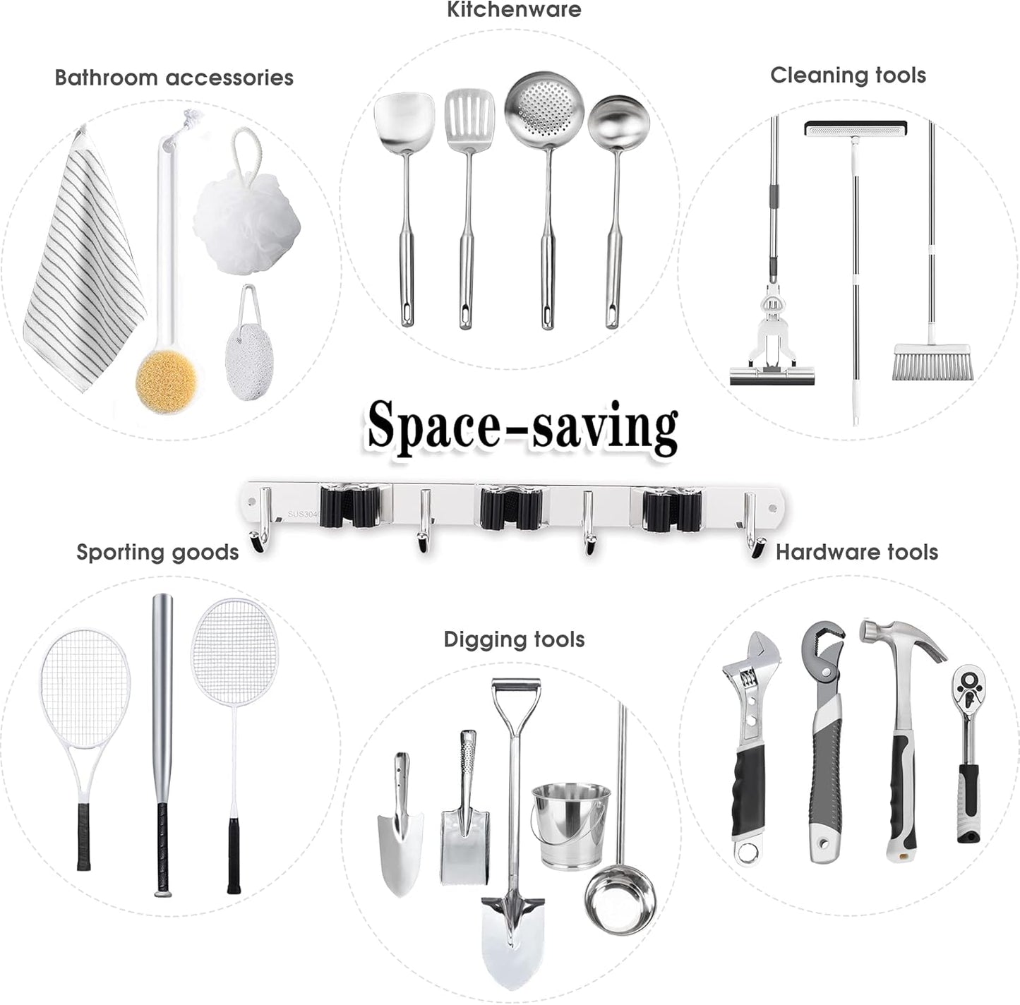 Skiennix Broom and Mop Holder - Wall Mounted Garage Organizer with 3 Racks & 4 Heavy-Duty Hooks | Stainless Steel, Non-Slip
