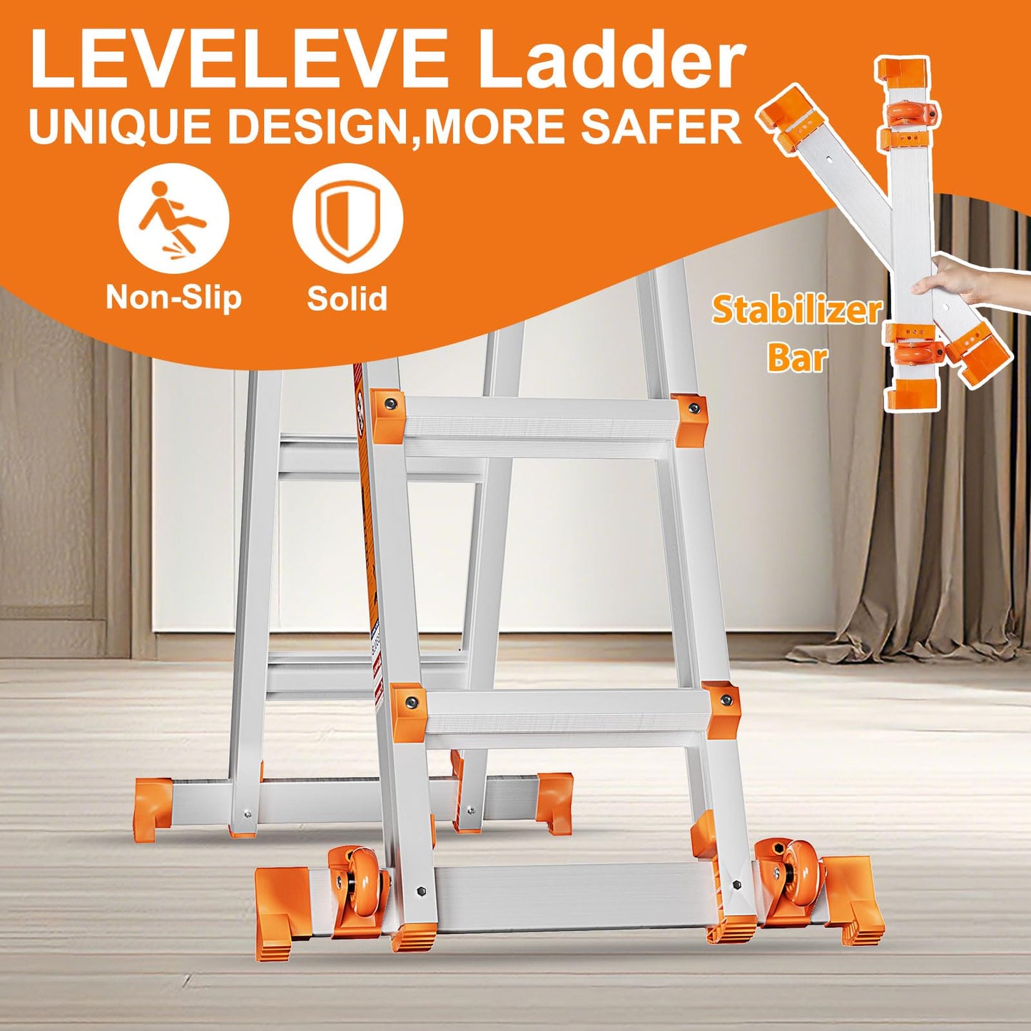 LEVELEVE 22FT Extension Ladder,A Frame 6 Step Ladder with Stabilizer Bar & Wheels,330 lbs Security Load Multi Position Ladder for Stairs Home Indoor Outdoor Roof