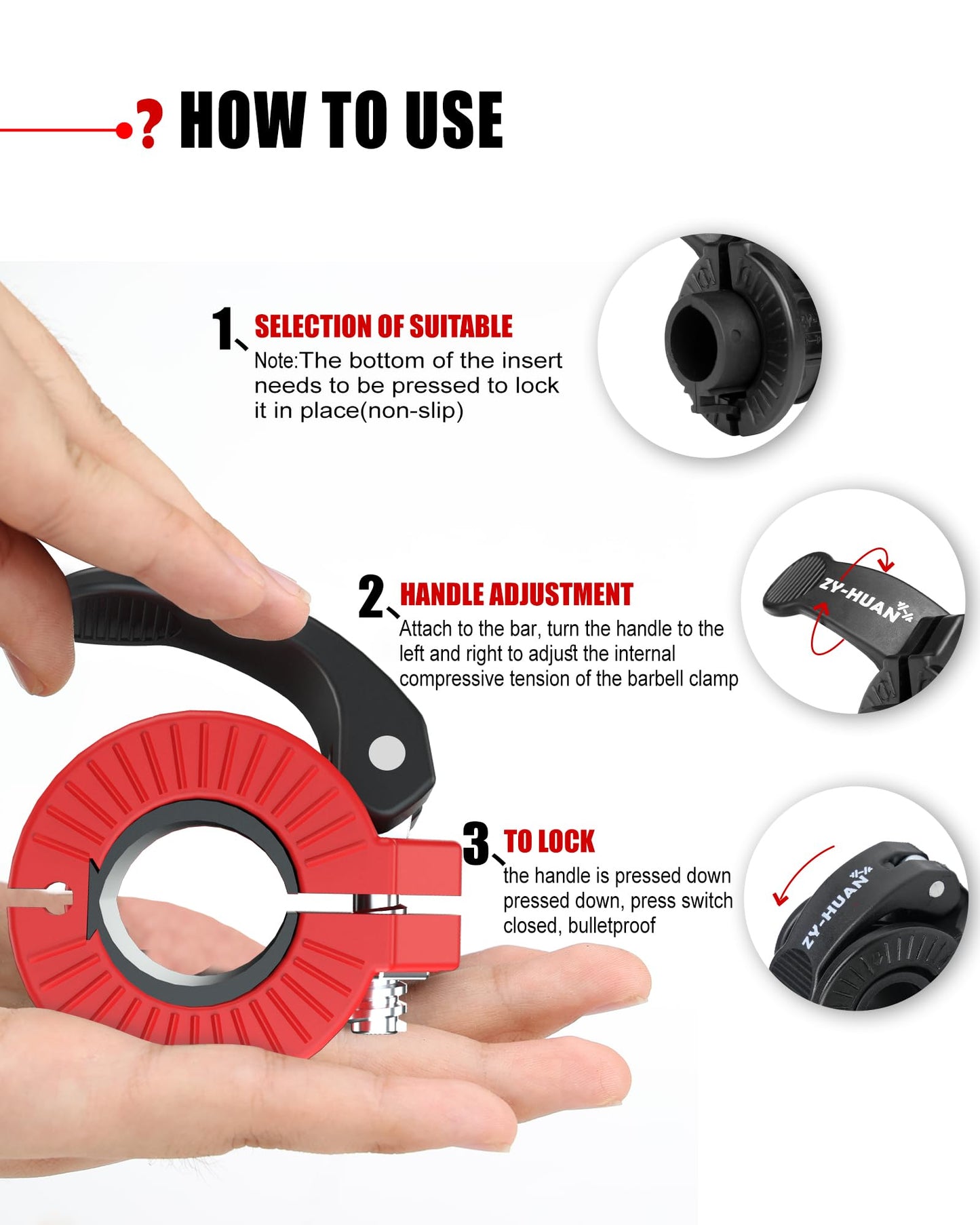 ZY-HUAN Pro Barbell Clips 1 inch Barbell Clamps 0.9-1.18inch Quick Release Weight Clips for Bars Multi-Size Adjustable Olympic Barbell Clamps (Red+Black)