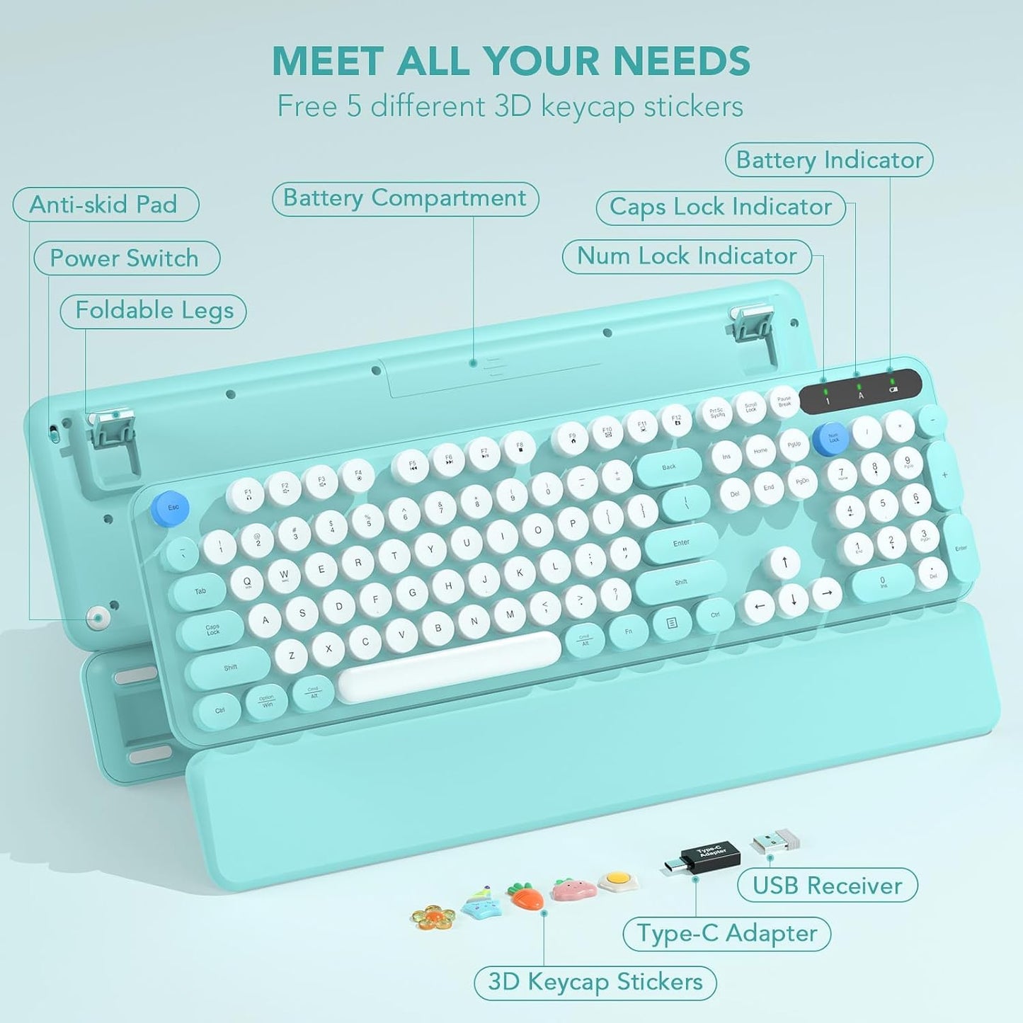SABLUTE 2.4GHz Wireless Keyboard, Round Keycaps, Retro Typewriter Keyboard with Detachable Wrist Rest, Sleep Mode