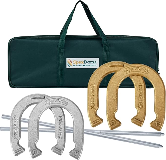Horseshoes Set, Lawn Horseshoe Outside Game Kit for Teens Adults Families - Includes 4 Horse Shoes, 2 Stakes and Carrying Case