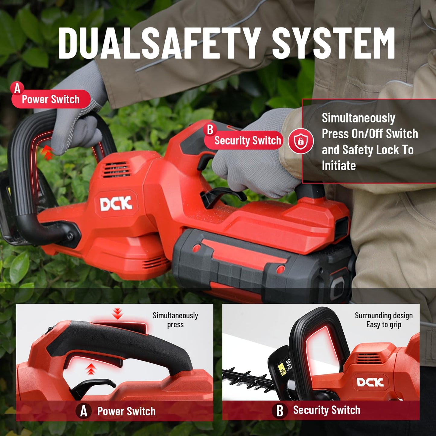 DCK 58V 26'' Cordless Hedge Trimmer, Brushless Bush Trimmer Dual-Action Blades, Variable Speeds, 5-Position 180° Rotating Handle, Anti-Vibration, 2.5Ah Battery & 5A Fast Charger Included