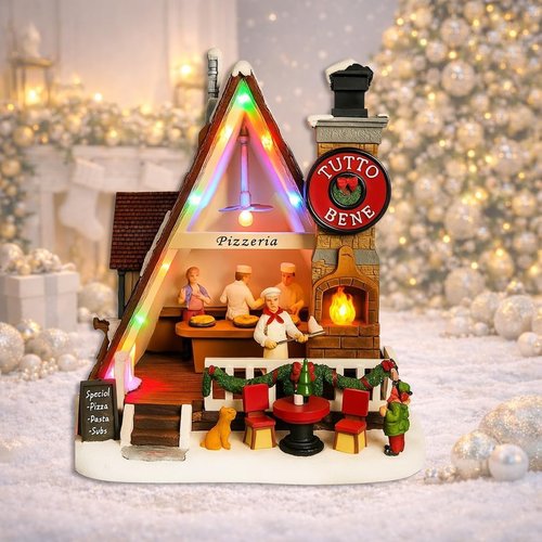 Moments In Time Pizza Shop Scene - Handcrafted LED Musical Pizzeria Holiday Decoration | Battery Operated Tabletop Display