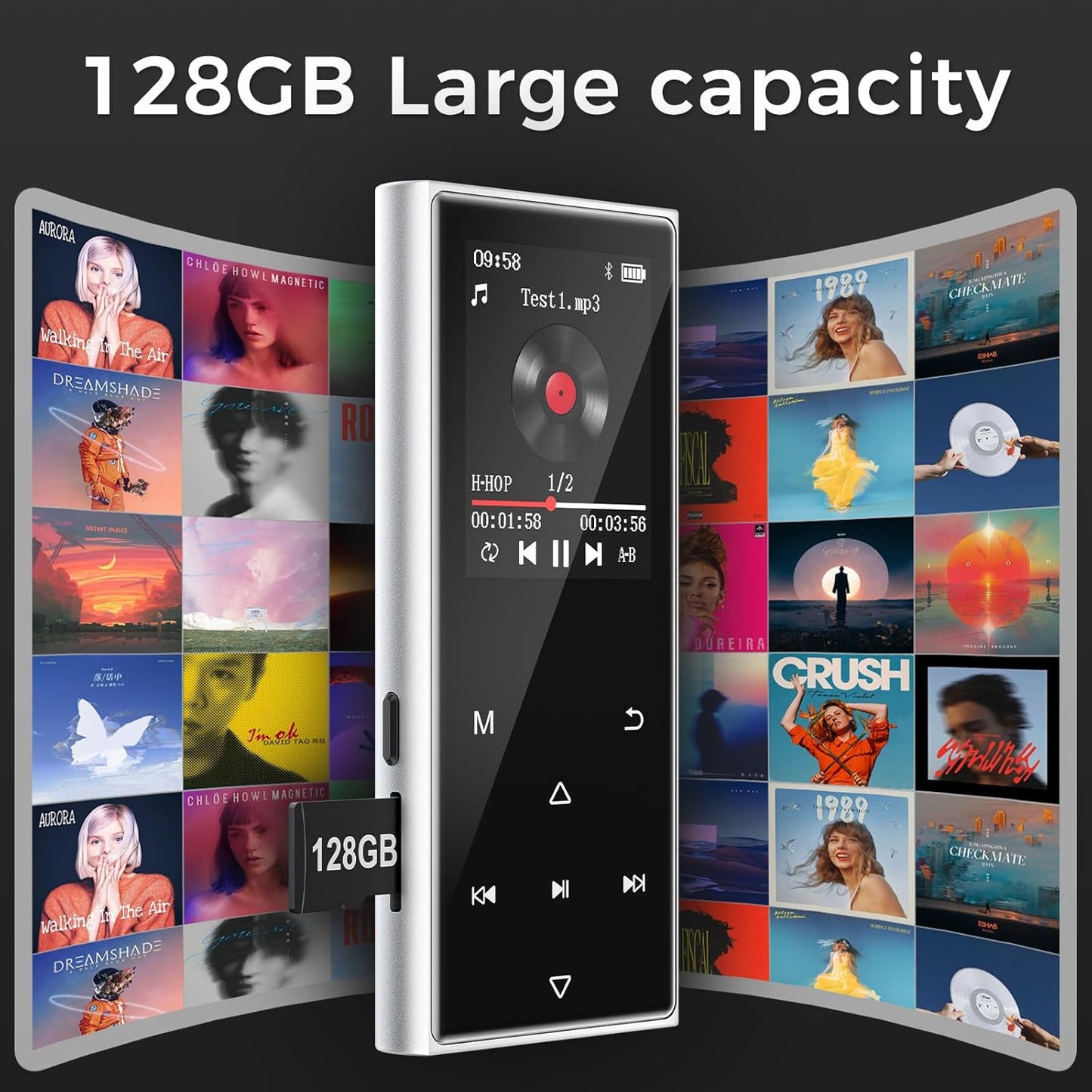 AGXOV 128GB MP3 5.3, (1.77''128GB) Player with Bluetooth Music Player with Built-in HD Speaker, FM Radio, Voice