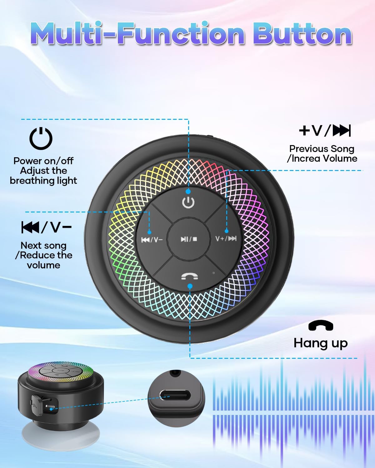 ssouwao IP67 Bluetooth Shower Speaker, Waterproof Portable Speakers with Suction Cup, Lights Show, Built-in Mic, Mini