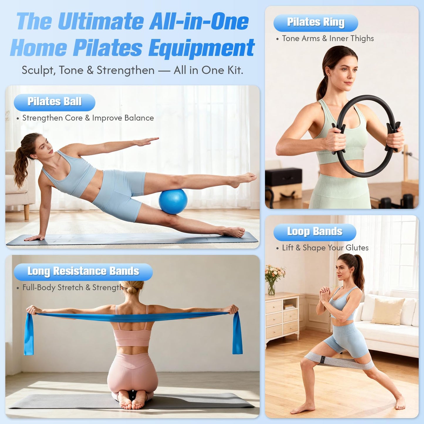 GINMIC Pilates Equipment, Pilates Kit for Women Home Workouts, at Home Pilates Set with Pilates Ring, Pilates Ball, Long and Loop Resistance Bands, Pilates Socks, Massage Ball, Guide & Bag