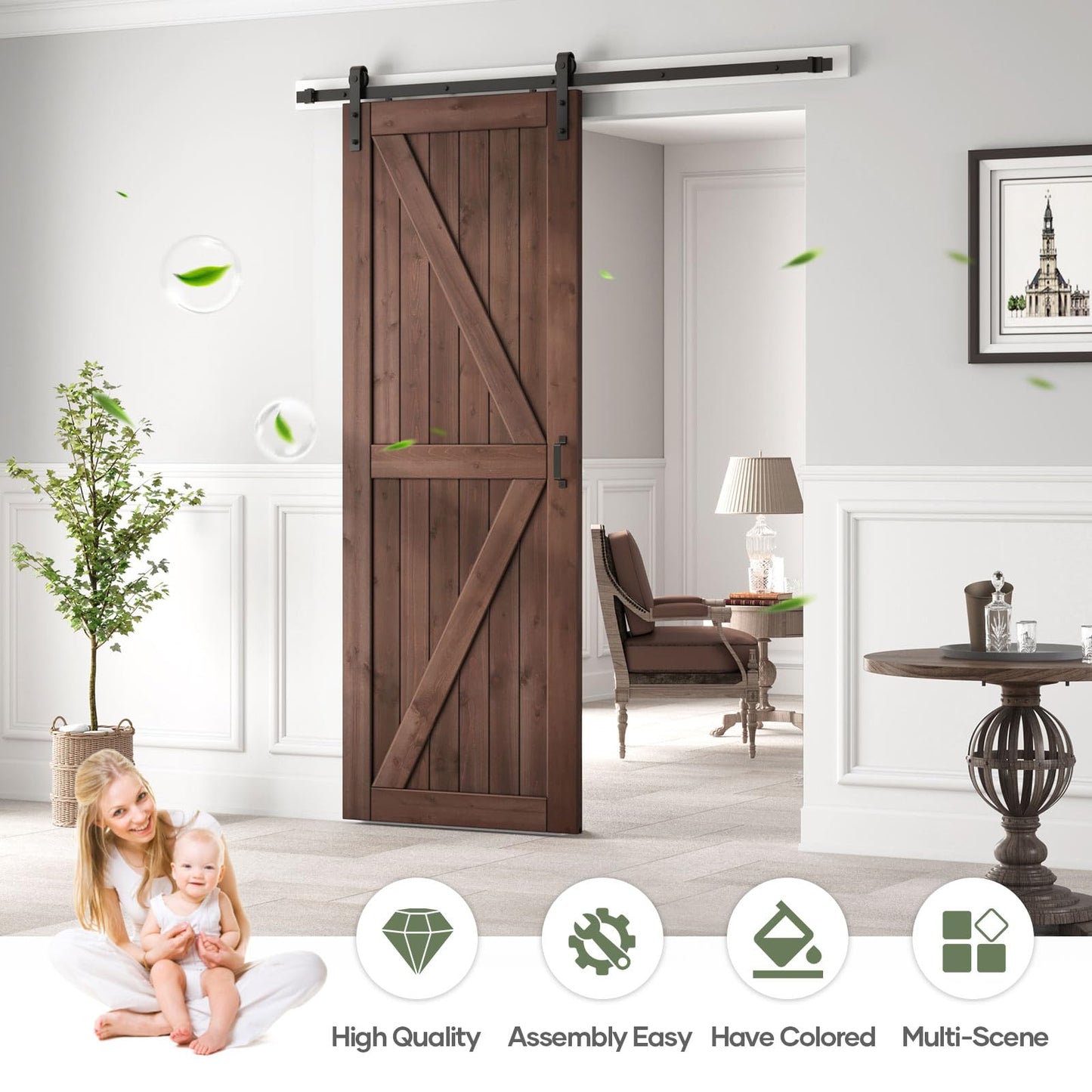 ROYMELO 36x96 inch Sliding Barn Wood Door Slab with 6.6ft Hardware Kit and Handle, Coffee, K Shape, Simple DIY Assembly