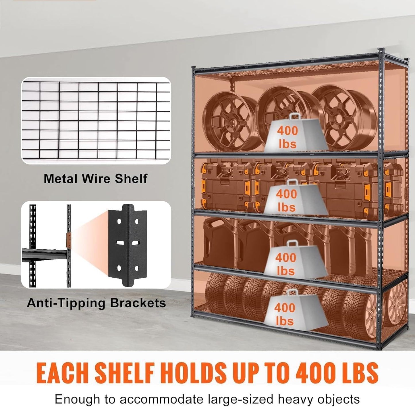 ExploreHorizon 2500 Lbs Capacity Heavy Duty Garage Shelving, 60x24x72 Inch 5-Tier Metal Wire Shelves, Adjustable Industrial Storage Rack for Garage, Basement, Warehouse Organization
