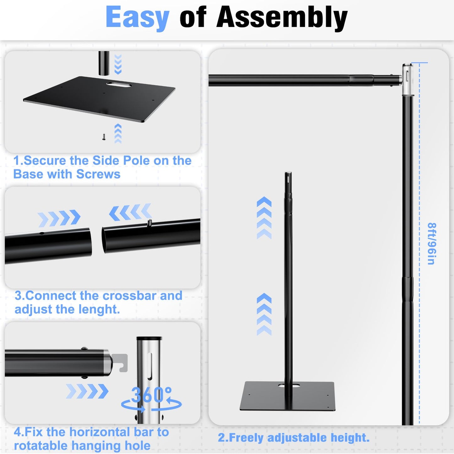 TOCRETOARE Pipe and Drape Backdrop Stand 10FT x 8FT, Adjustable Backdrop Stand Heavy Duty, Background Stand, Backdrop Stand for Parties, Photography, Wedding, Birthday Decoration (10ft x 8ft)