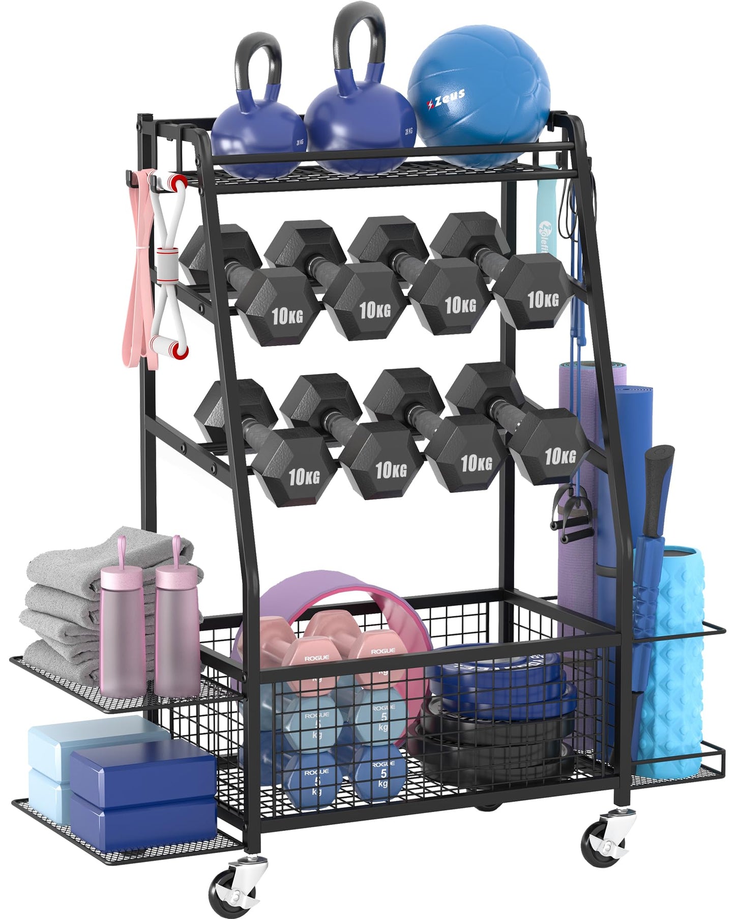 Staransun Staransun Dumbbell Rack Stand - Weight Rack for Dumbbells - Home Gym Storage Rack with 4 Flexible Wheels - Weight Rack for Home Gym with Side Storage and Hooks