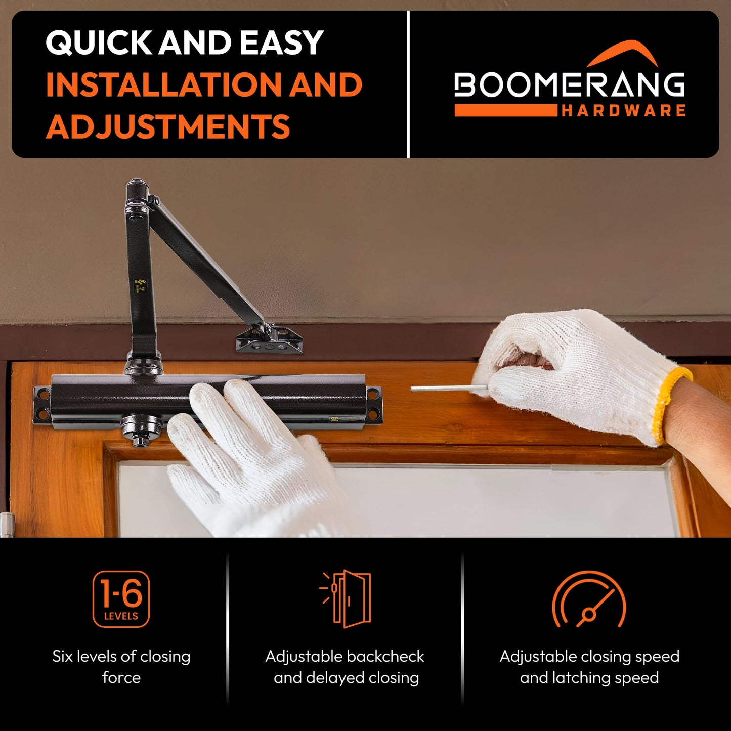 Boomerang Heavy Duty Designer Automatic Commercial Door Closer - D8016-Surface Mounted, Grade 1, Cast Aluminum, UL 3 Hour Fire Rated & ADA for high Traffic doorways, Dark Bronze (US10B)