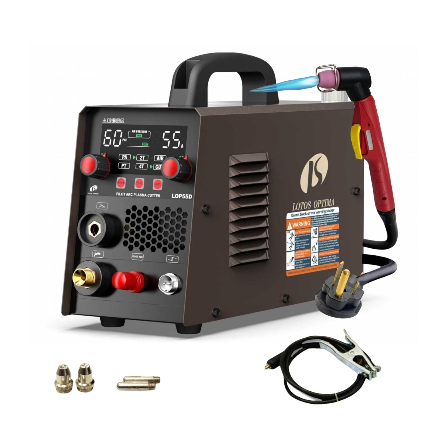 LOTOS LOP55D 55A Plasma Cutter, 1/2" Clean Cut (3/4" Sever), Non-Touch Pilot Arc, Dual-Voltage 110/220V, LED Panel, Portable Air Plasma Cutting Machine for DIY, Auto, Farm, HVAC